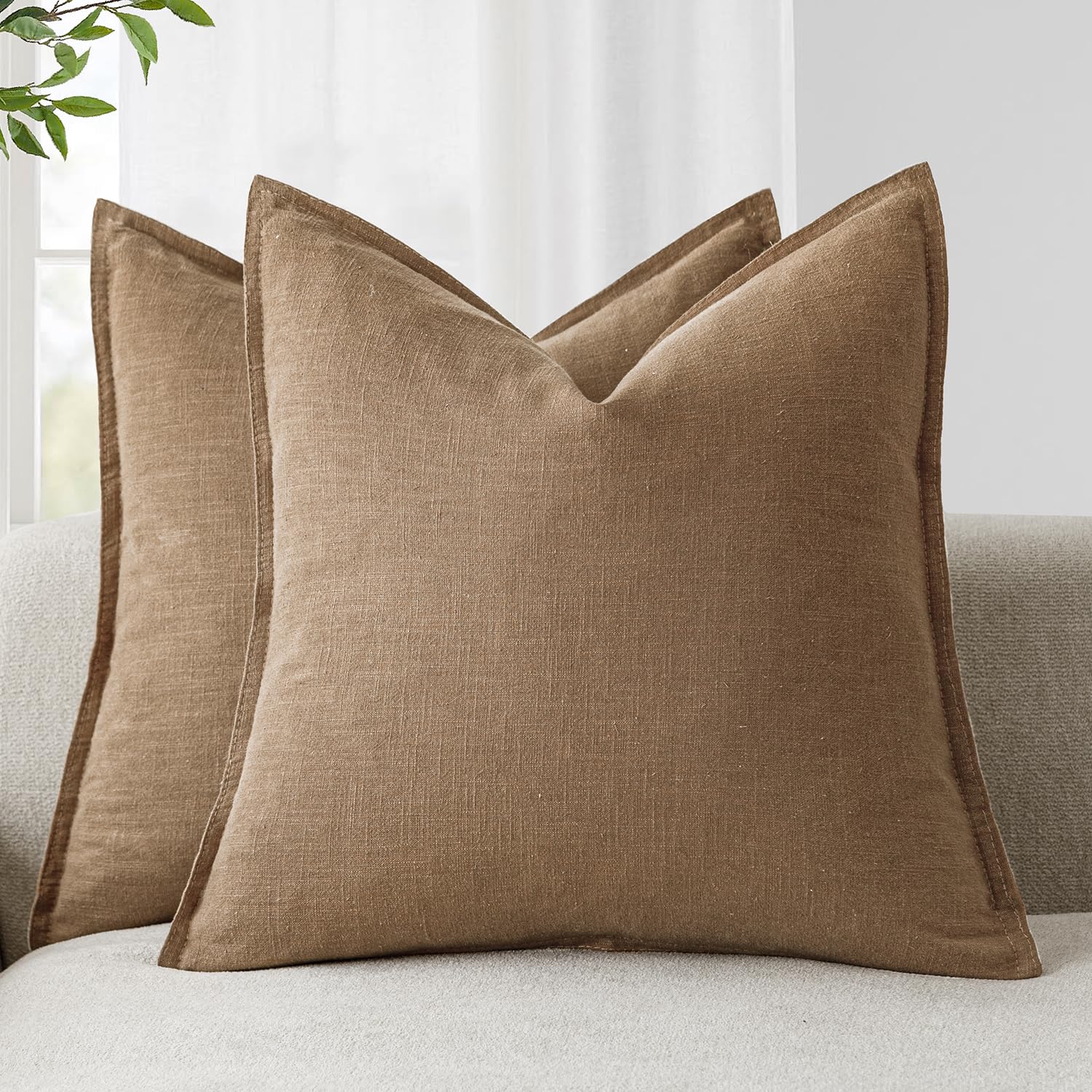 Foindtower Set of 2, Decorative Linen Soild Throw Pillow Covers Soft Accent Cushion Euro Case Boho Farmhouse Pillowcase for Chair Couch Sofa Bedroom Living Room Home Decor 20 x 20 Inch Natural Linen