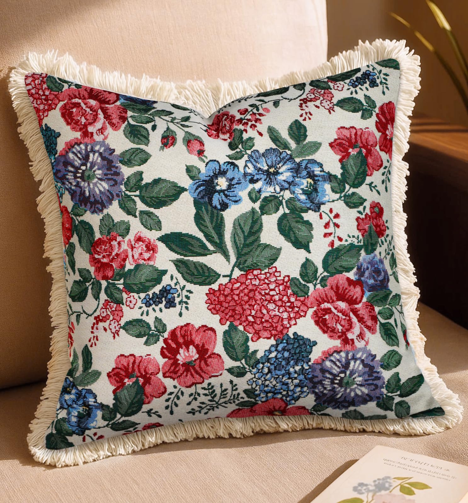 Decorative Throw Pillow Cover 18x18 - Vintage Pillowcovers with Fringe Bird Flower Cute Embroidered Pillow Case with Zipper for Living Room Couch Sofa Bed Rustic Boho Design Abstract