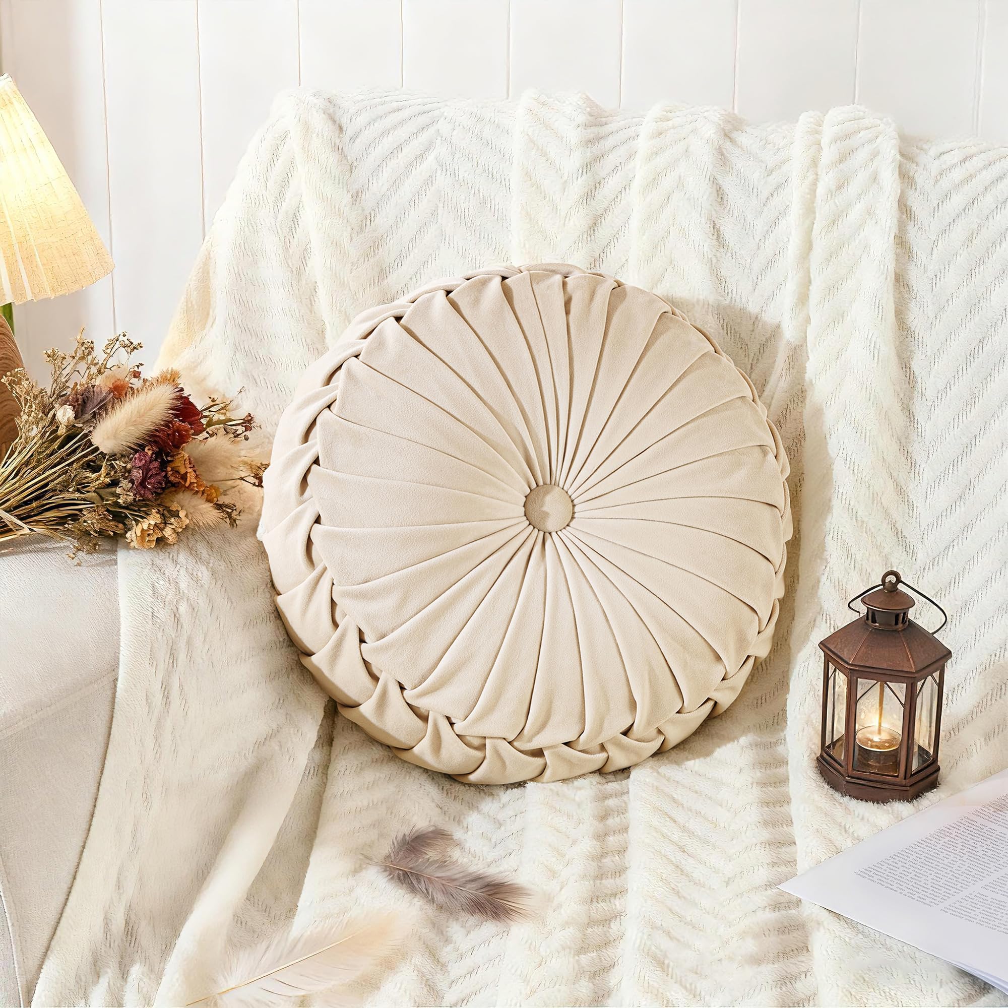 ROSE&RISY Round Pleated Velvet Throw Pillow, 1 Pack Decorative Accent Pumpkin Pillow Cushion for Couch Sofa Chair Bed Car Home Decor (14.5 Inch, Cream)