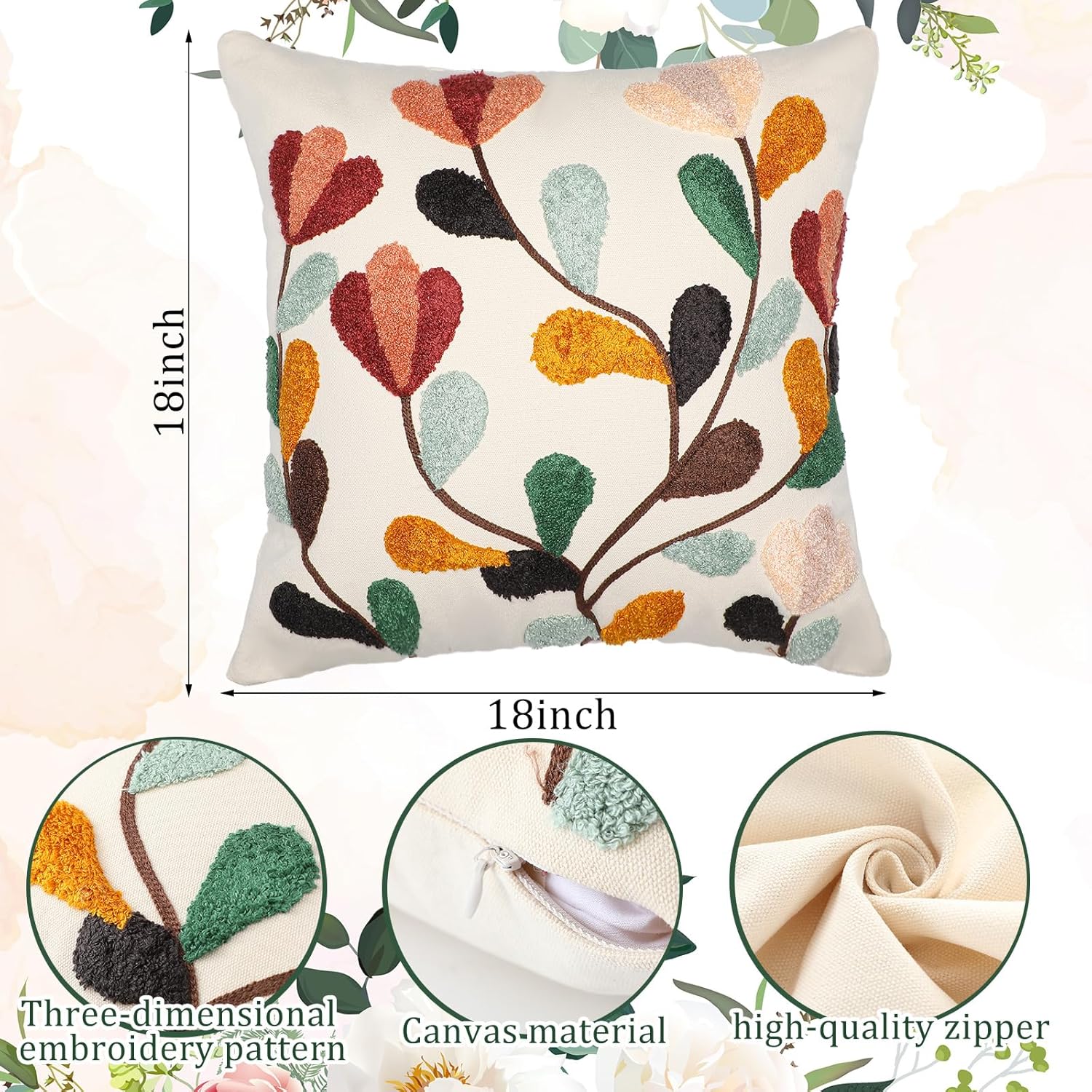 FuWeave 2 Pcs Boho Floral Embroidered Decorative Throw Pillow Covers with Zipper 18 x 18 Inch Colorful Boho Embroidered Pillow Covers Aesthetic Decor for Couch Sofa Housewarming Gifts