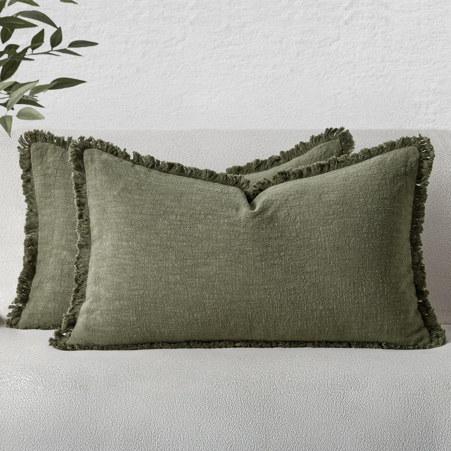 MIULEE Decorative Throw Pillow Covers Neutral Linen Fringe Throw Pillows Set of 2 Natural Beige Boho Farmhouse Cushion Covers with Tassels for Couch Sofa Bed Spring Home Decor 20x20 Inch