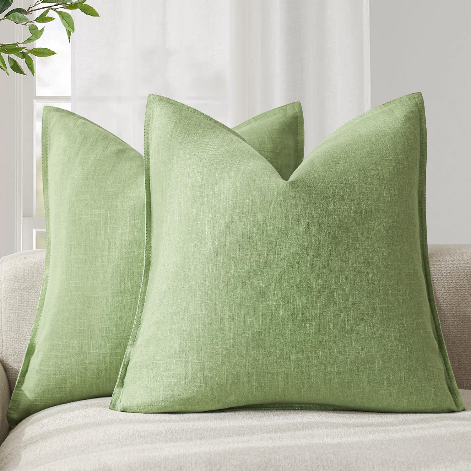 Foindtower Set of 2, Decorative Linen Soild Throw Pillow Covers Soft Accent Cushion Euro Case Boho Farmhouse Pillowcase for Chair Couch Sofa Bedroom Living Room Home Decor 20 x 20 Inch Natural Linen