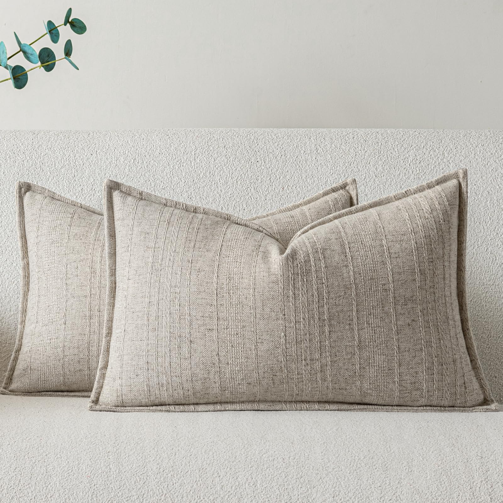 a moment Linen Pillow Covers Set of 2,Boho Farmhouse Throw Pillowcases Neutral Textured Decorative Covers for Couch Sofa Bed, Soft Linen Blend Accent Case Cushion Home Decor 18"x18" Beige Grey