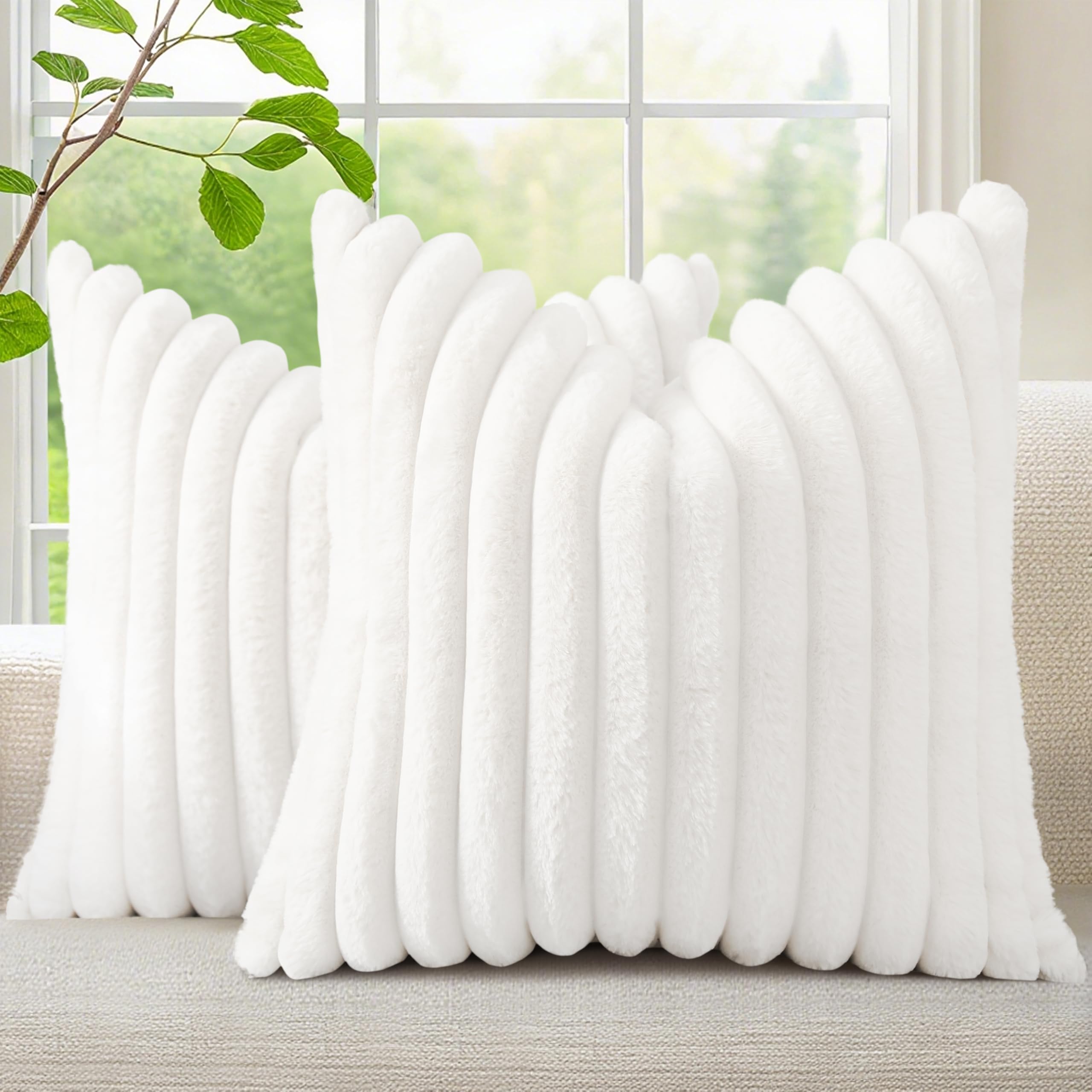 decorUhome Cozy Faux Fur Throw Pillow Covers 18x18 Set of 2 Decorative Soft Plush Striped Modern Farmhouse Boho Couch Pillow Cases with Velvet Back for Sofa Bed Living Room, Khaki Brown