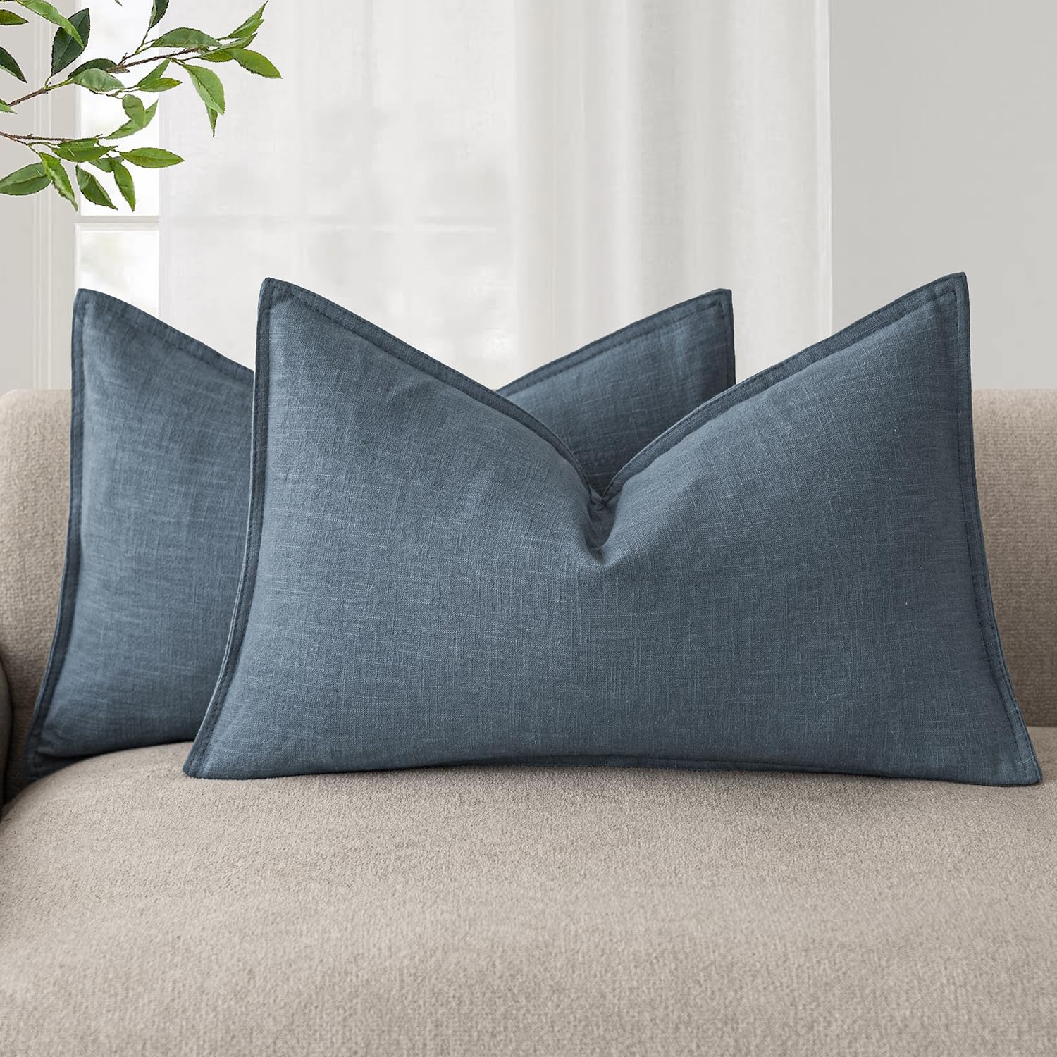 Foindtower Set of 2, Decorative Linen Soild Throw Pillow Covers Soft Accent Cushion Euro Case Boho Farmhouse Pillowcase for Chair Couch Sofa Bedroom Living Room Home Decor 20 x 20 Inch Natural Linen