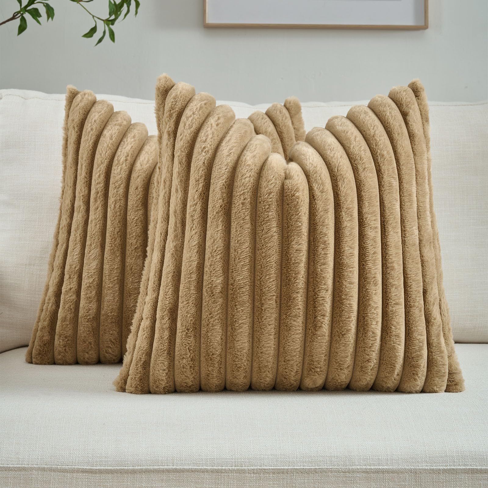FUTEI Pack of 2 Solid Faux Fur Plush Throw Pillow Covers 18x18 Inch Soft Fluffy Striped Decorative Cushion Cases Modern Farmhouse Accent for Couch Bed Living Room, Cream White