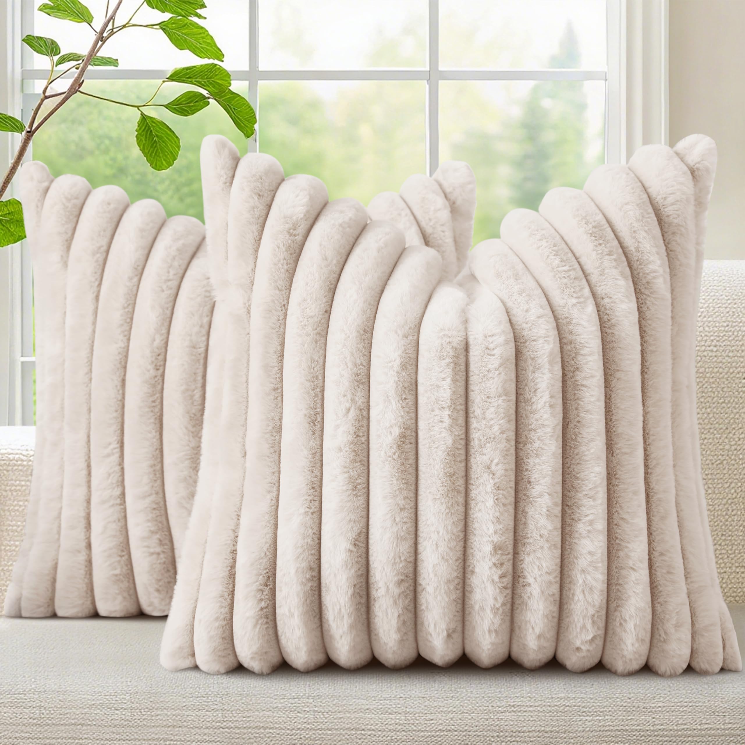 decorUhome Summer Cozy Faux Fur Throw Pillow Covers 18x18 Set of 2 Decorative Soft Plush Striped Modern Farmhouse Boho Couch Pillow Cases with Velvet Back for Sofa Bed Living Room, Cream White
