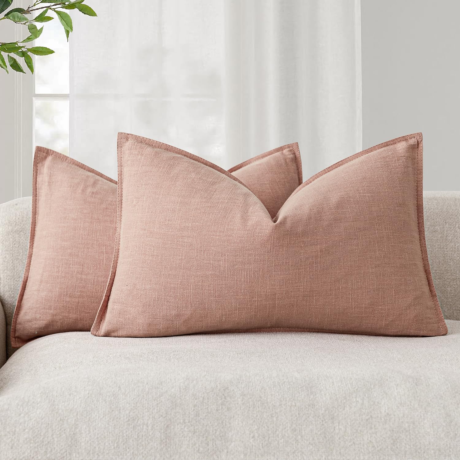 Foindtower Set of 2, Decorative Linen Soild Throw Pillow Covers Soft Accent Cushion Euro Case Boho Farmhouse Pillowcase for Chair Couch Sofa Bedroom Living Room Home Decor 20 x 20 Inch Natural Linen