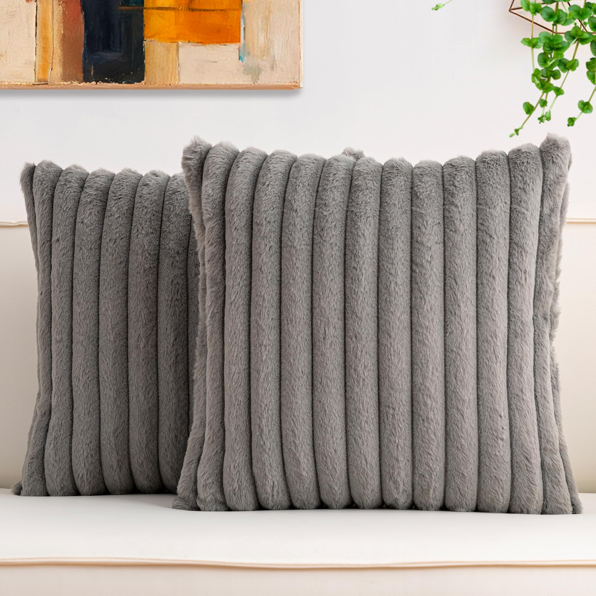 Aegero Pack of 2 Faux Fur Christmas Throw Pillow Covers 18x18 Inch, Soft Plush Striped Neutral Couch Pillow Cover, with Velvet Back Modern Home Decor for Sofa Living Room Couch Bed Cream White