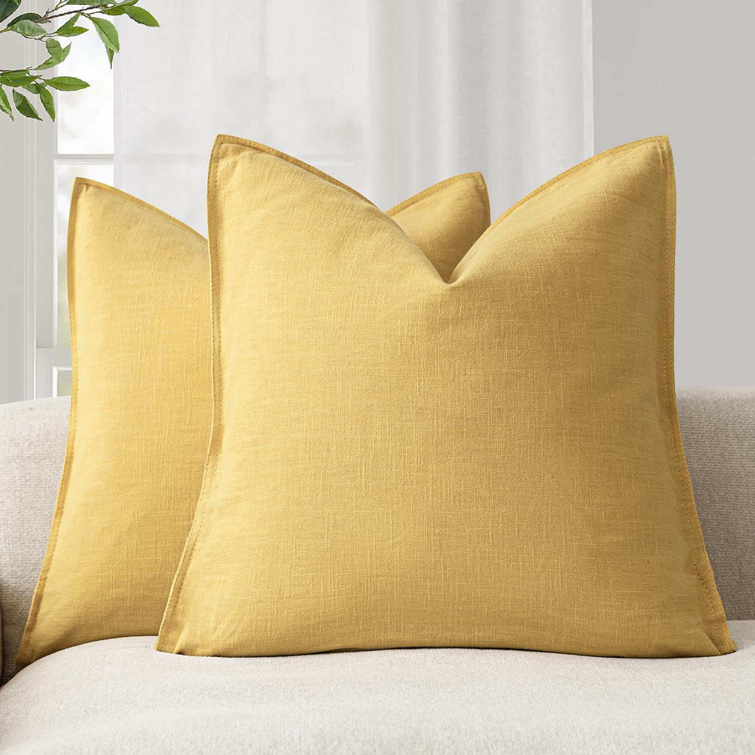Foindtower Set of 2, Decorative Linen Soild Throw Pillow Covers Soft Accent Cushion Euro Case Boho Farmhouse Pillowcase for Chair Couch Sofa Bedroom Living Room Home Decor 20 x 20 Inch Natural Linen