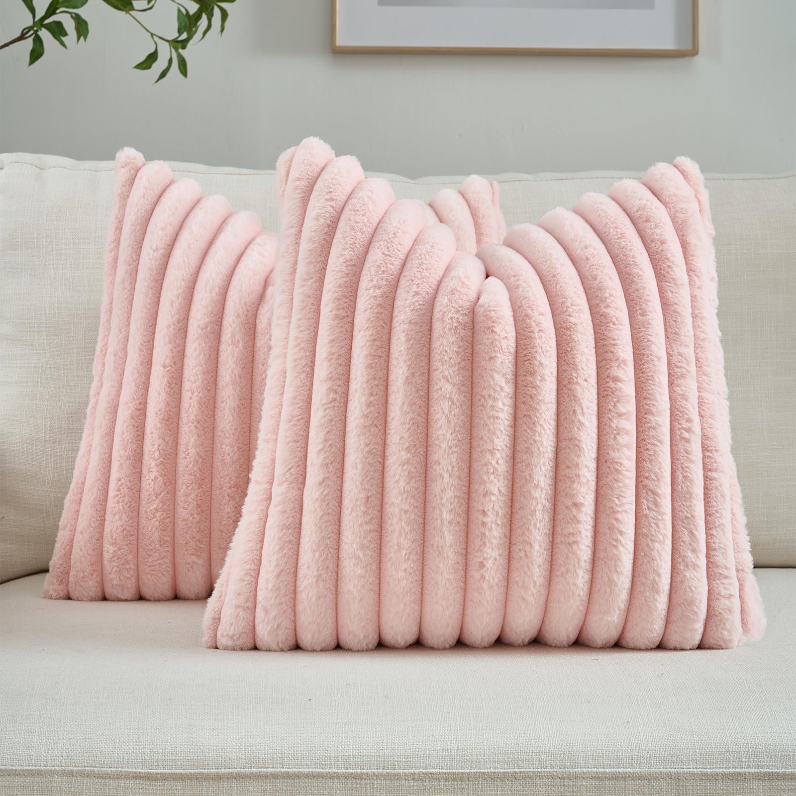FUTEI Pack of 2 Solid Faux Fur Plush Throw Pillow Covers 18x18 Inch Soft Fluffy Striped Decorative Cushion Cases Modern Farmhouse Accent for Couch Bed Living Room, Cream White