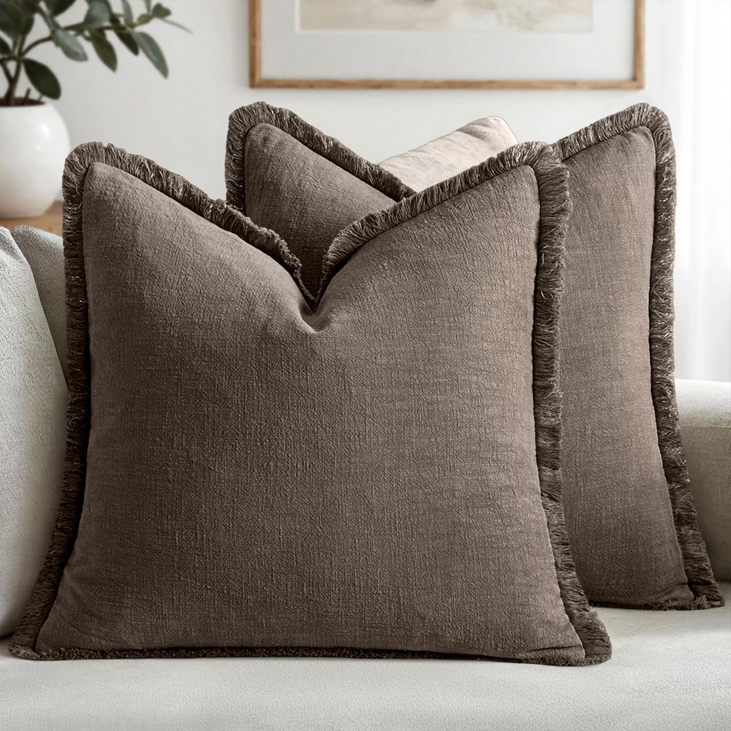 MIULEE Decorative Throw Pillow Covers Neutral Linen Fringe Throw Pillows Set of 2 Natural Beige Boho Farmhouse Cushion Covers with Tassels for Couch Sofa Bed Spring Home Decor 20x20 Inch