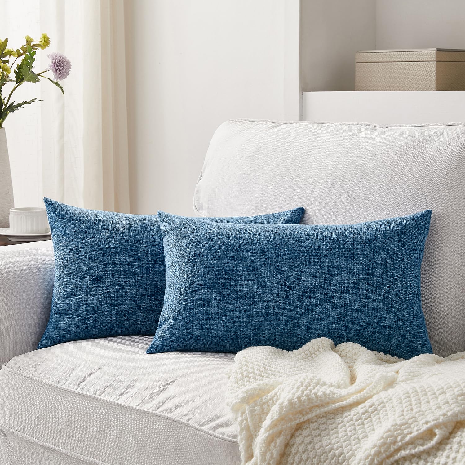 Meekio Set of 2 Ivory Throw Pillow Covers 22x22, Modern Farmhouse Linen Blend Decorative Pillow Covers for Couch Sofa Bed, Neutral Home Decor