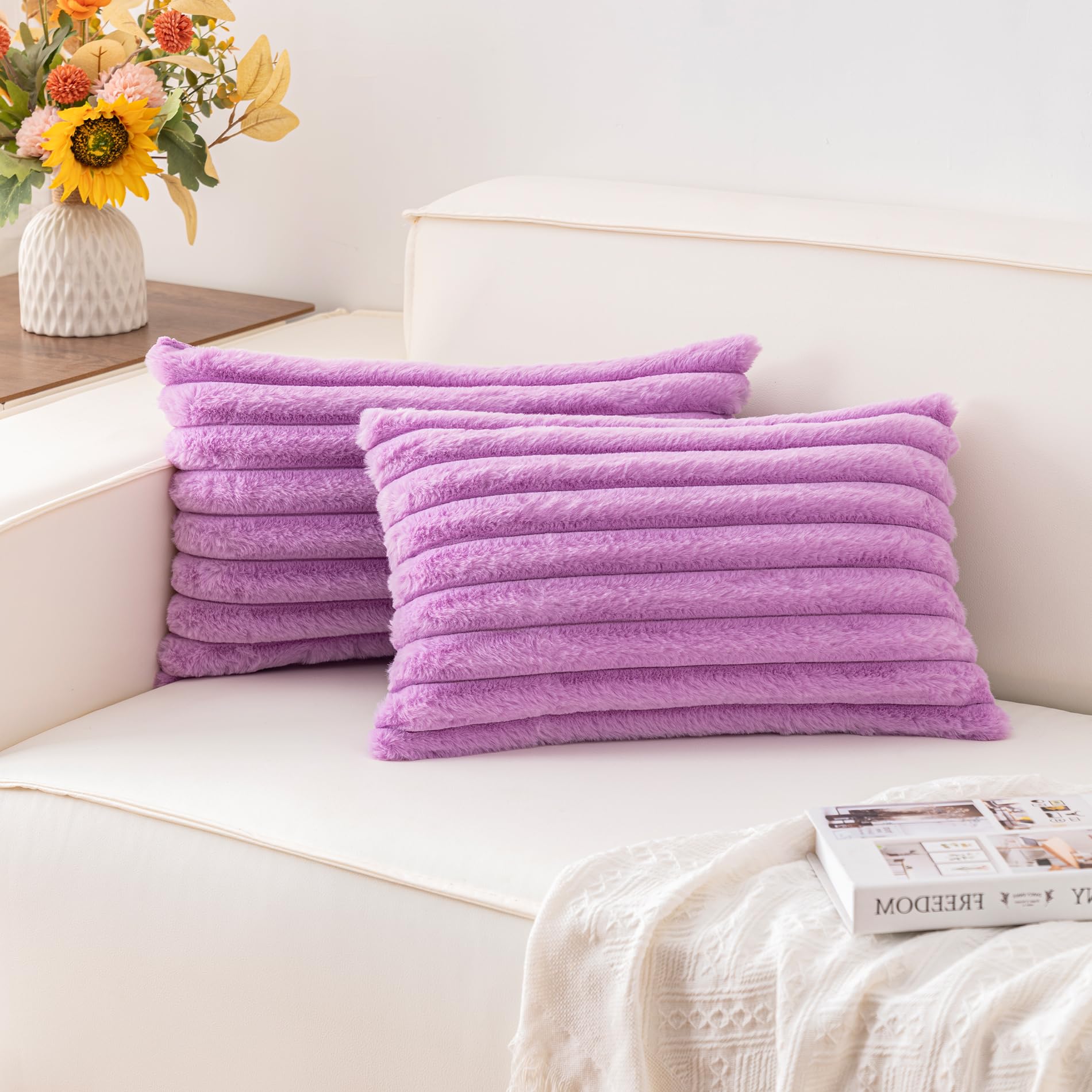 Aegero Pack of 2 Faux Fur Christmas Throw Pillow Covers 18x18 Inch, Soft Plush Striped Neutral Couch Pillow Cover, with Velvet Back Modern Home Decor for Sofa Living Room Couch Bed Cream White