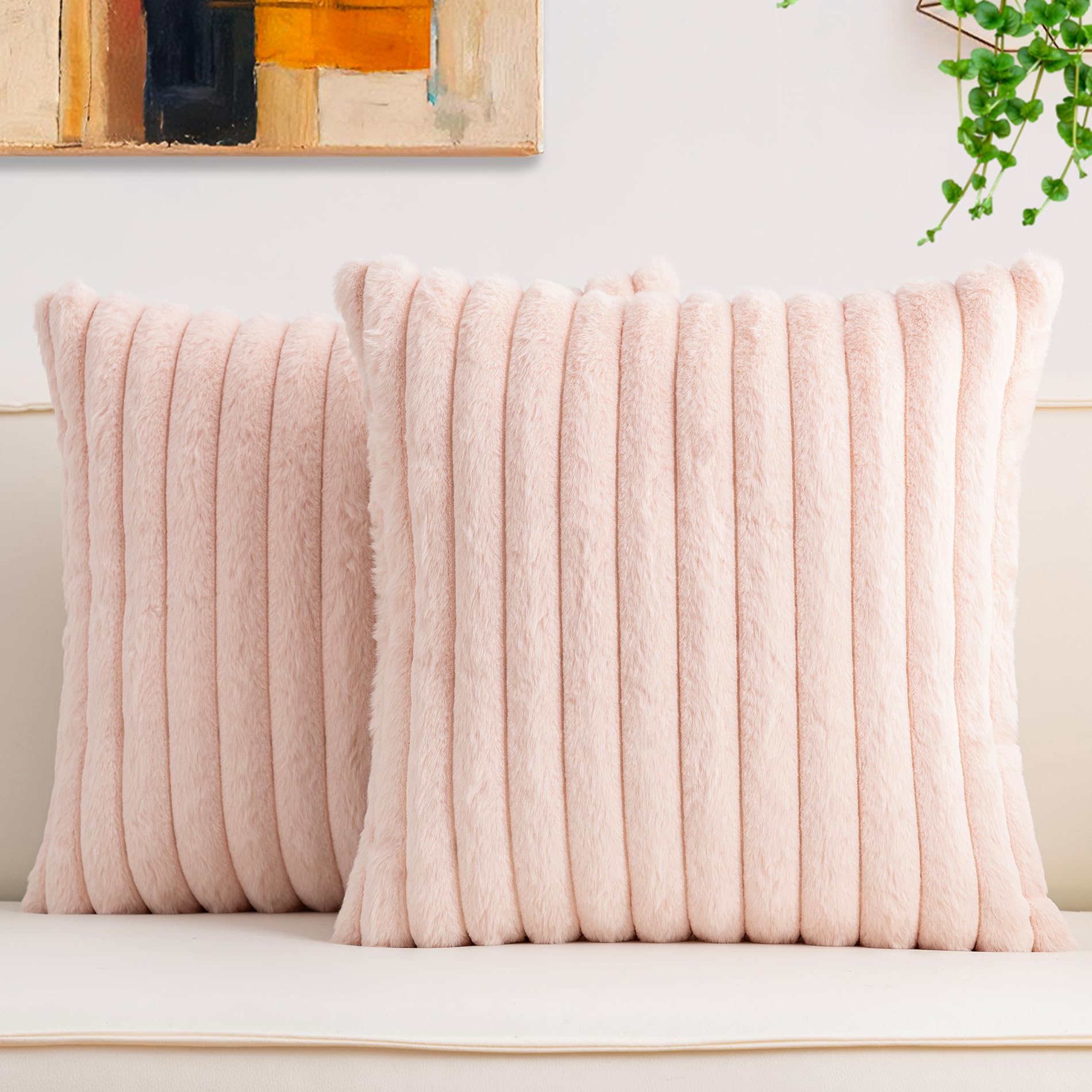 Aegero Pack of 2 Faux Fur Christmas Throw Pillow Covers 18x18 Inch, Soft Plush Striped Neutral Couch Pillow Cover, with Velvet Back Modern Home Decor for Sofa Living Room Couch Bed Cream White