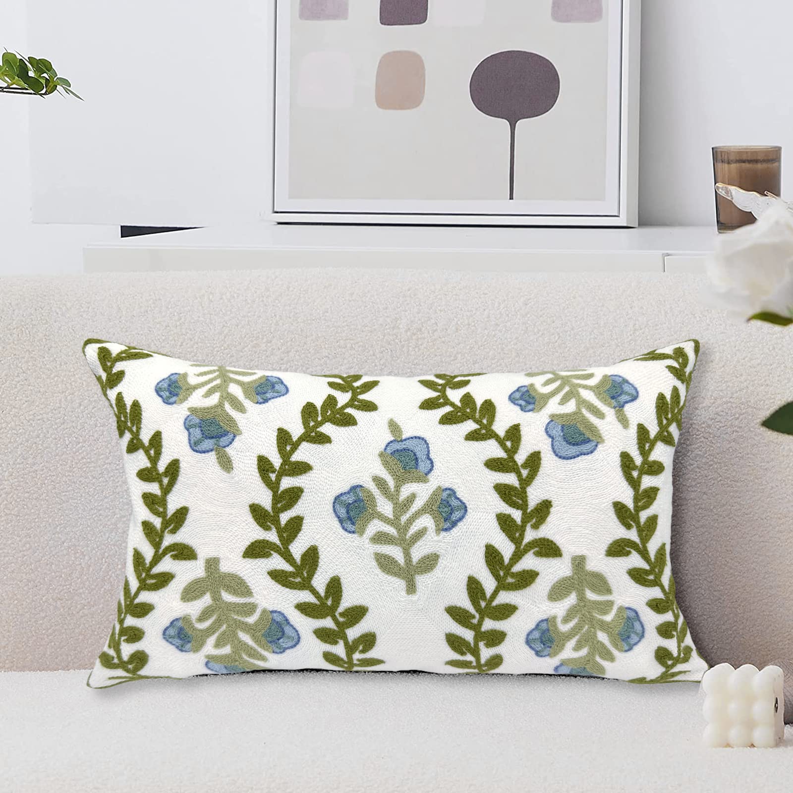 Alysheer Spring Floral Embroidered Decorative Throw Pillow Covers 18"x 18" Set of 2, Farmhouse Navy Blue Flowers Green Leaves Tufted Patterned Cotton Cushion Cases for Couch Bed Living Room Decor