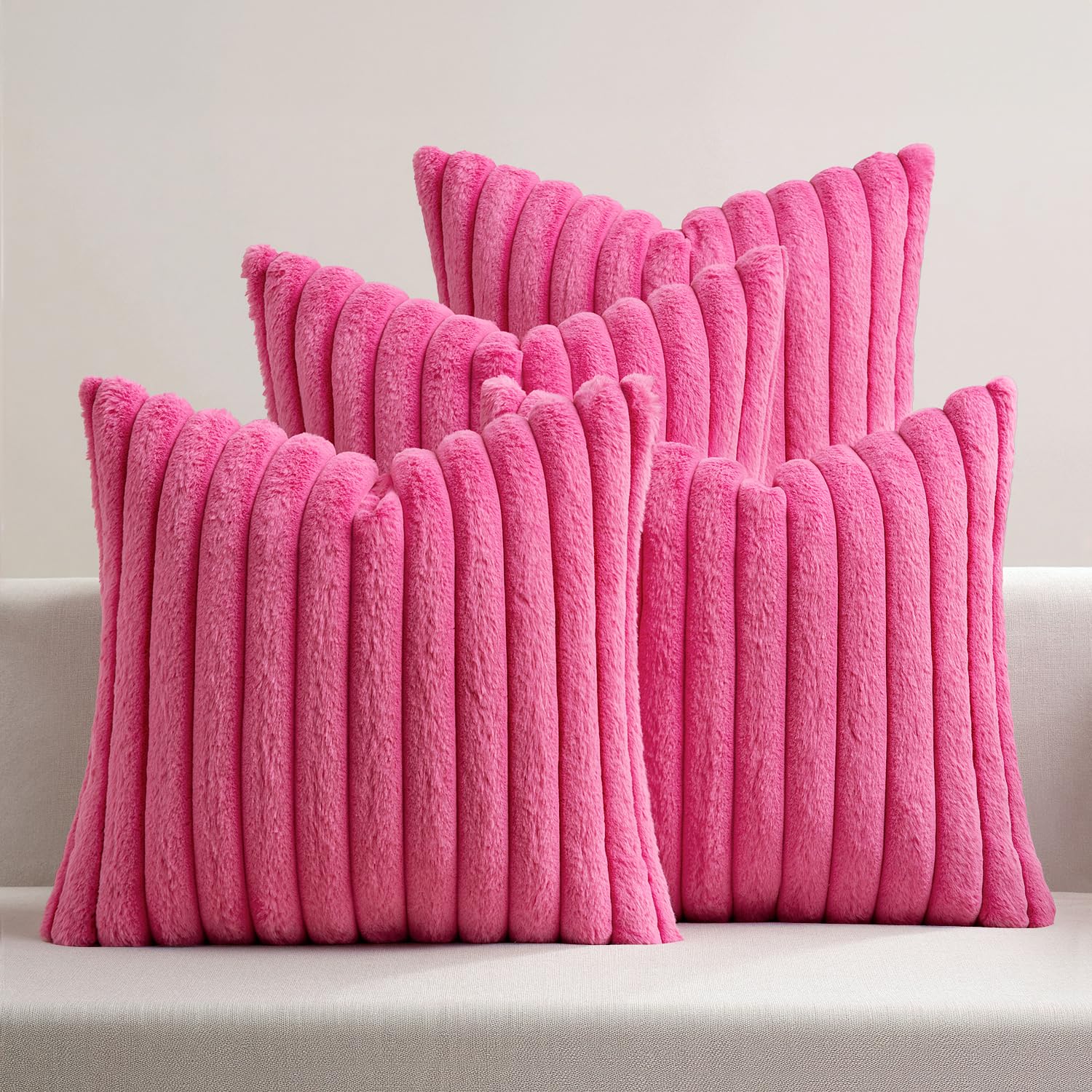 MIULEE Faux Fur Plush Decorative Throw Pillow Covers 18x18 Set of 4, Summer Modern Soft Fuzzy Coastal Striped Cushion Covers for Sofa Couch Bed Living Room Cozy Home Decor,Navy Blue