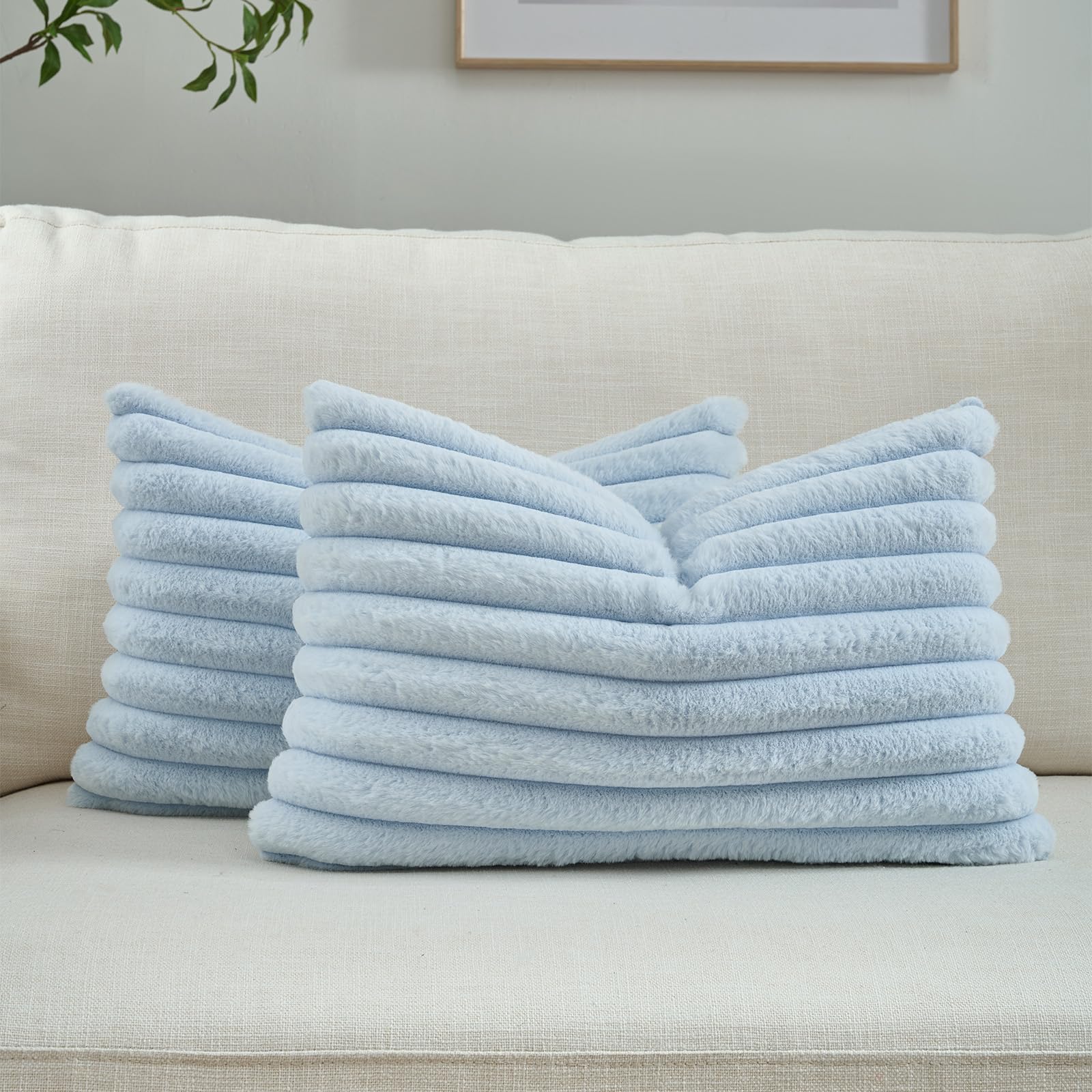 FUTEI Pack of 2 Solid Faux Fur Plush Throw Pillow Covers 18x18 Inch Soft Fluffy Striped Decorative Cushion Cases Modern Farmhouse Accent for Couch Bed Living Room, Cream White