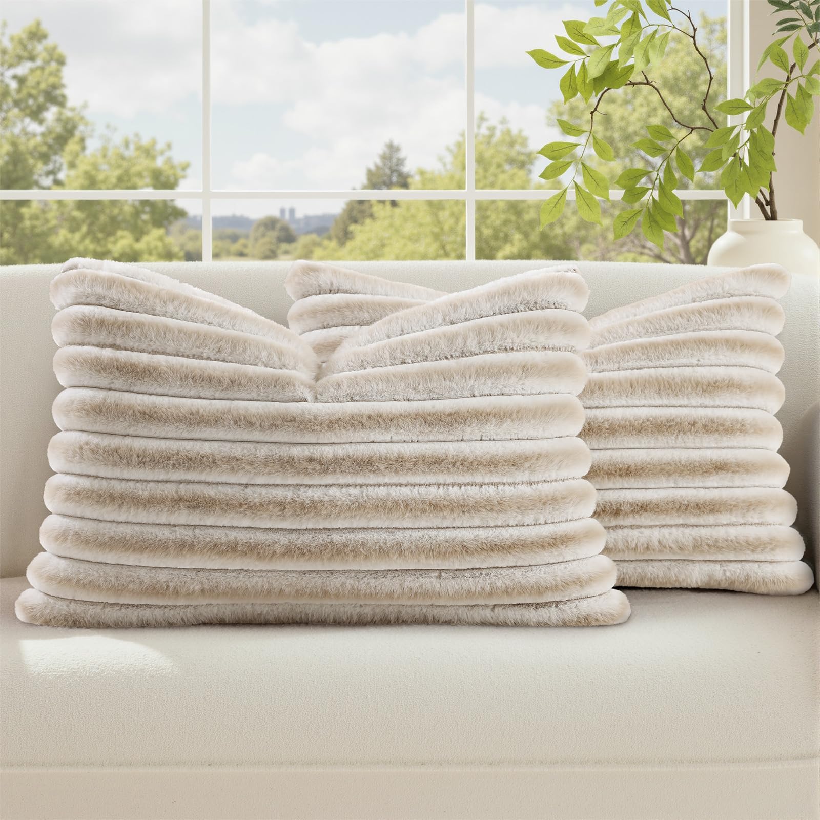 decorUhome Summer Cozy Faux Fur Throw Pillow Covers 18x18 Set of 2 Decorative Soft Plush Striped Modern Farmhouse Boho Couch Pillow Cases with Velvet Back for Sofa Bed Living Room, Cream White