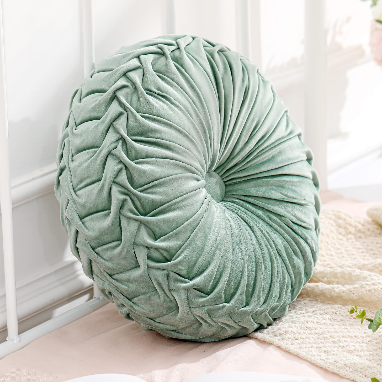 Drydiet 1 Pcs Round Throw Velvet Pillows Decorative Pleated Throw Pillows 15'' Diameter Accent Pumpkin Boho Chair Cushion for Couch Sofa Home Decoration (Olive Green)