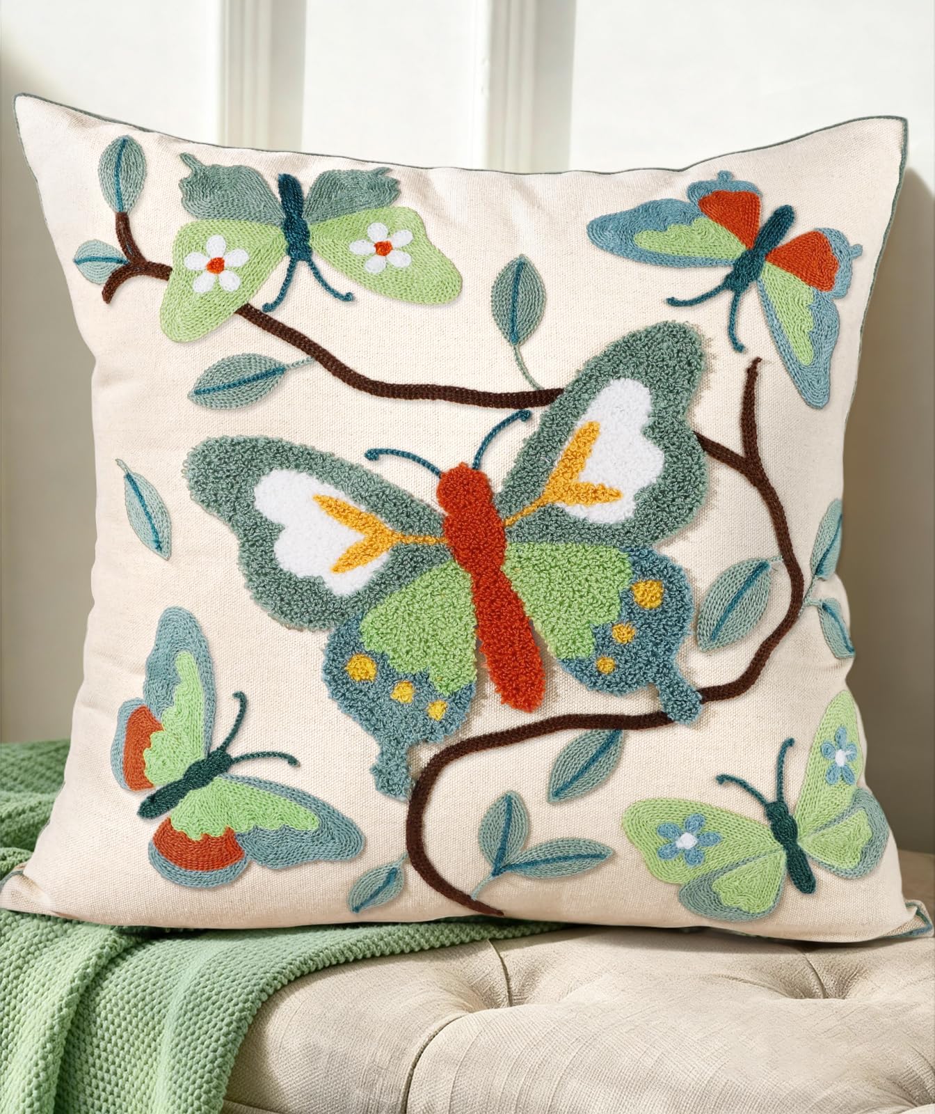 Embroidered Throw Pillow Cover 18x18 Inch - Spring Summer Boho Decorative Pillow Cover with Zipper for Living Room Couch Sofa Bed Aesthetic Design Flower Cluster Cushion Pillowcase