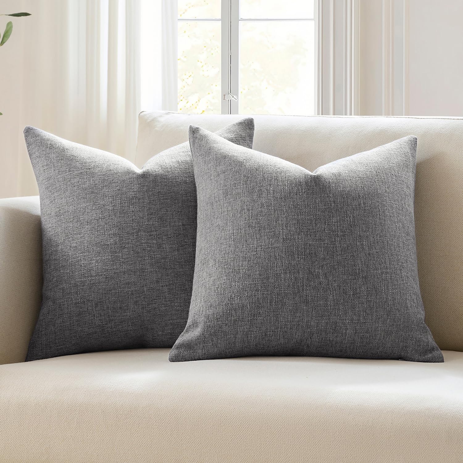 Meekio Set of 2 Ivory Throw Pillow Covers 22x22, Modern Farmhouse Linen Blend Decorative Pillow Covers for Couch Sofa Bed, Neutral Home Decor