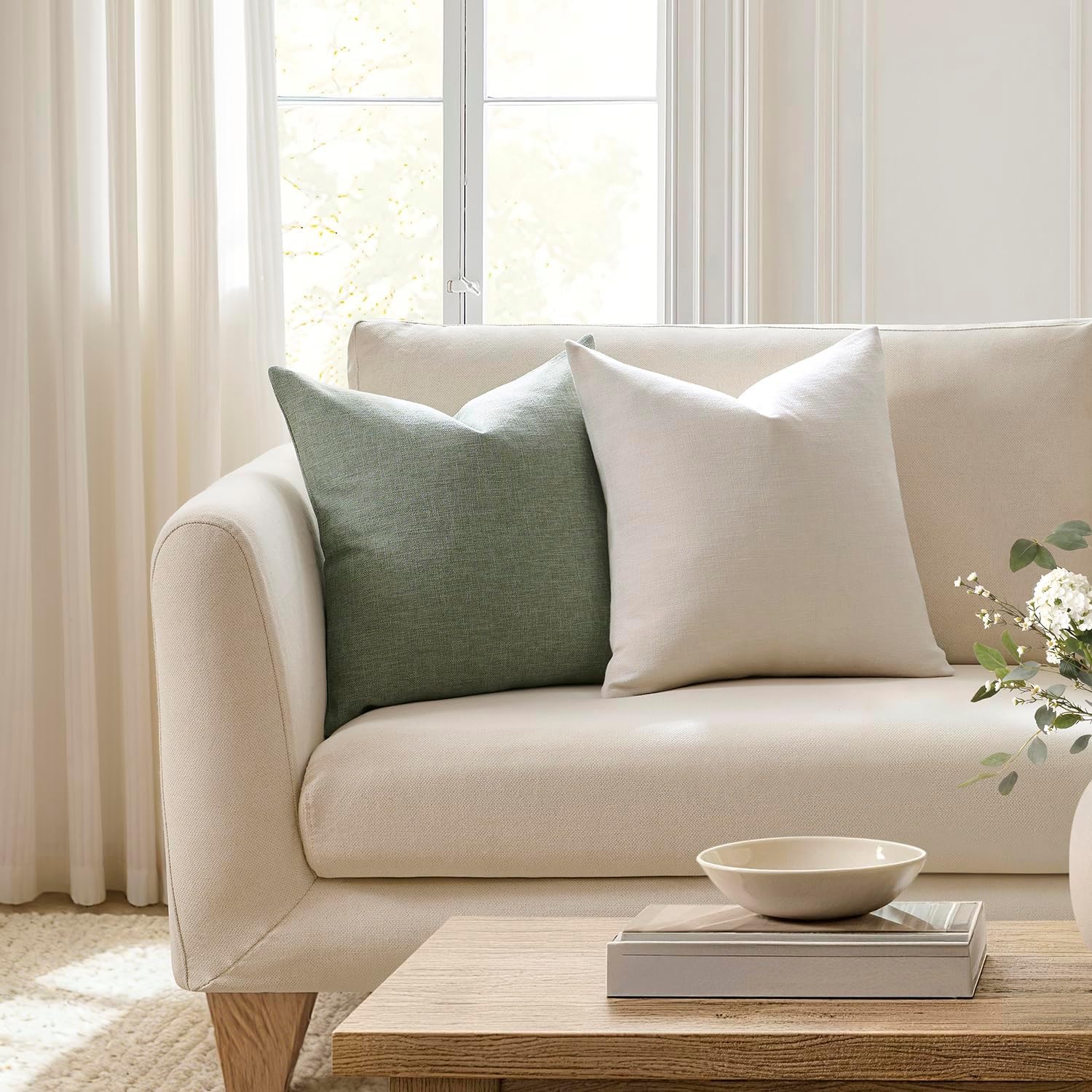 Meekio Set of 2 Ivory Throw Pillow Covers 22x22, Modern Farmhouse Linen Blend Decorative Pillow Covers for Couch Sofa Bed, Neutral Home Decor