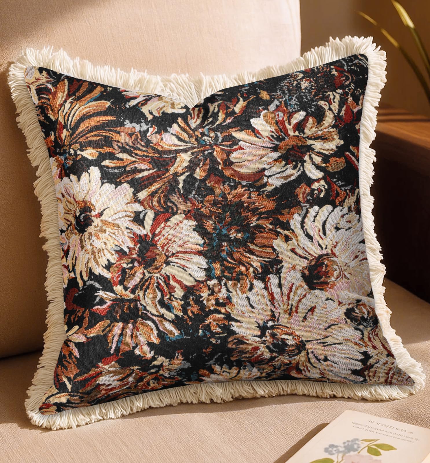Decorative Throw Pillow Cover 18x18 - Vintage Pillowcovers with Fringe Bird Flower Cute Embroidered Pillow Case with Zipper for Living Room Couch Sofa Bed Rustic Boho Design Abstract