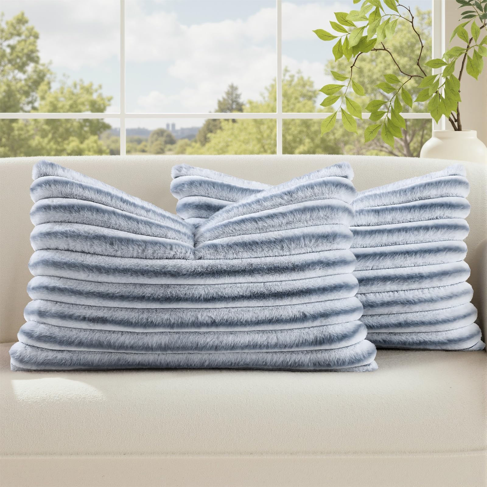 decorUhome Summer Cozy Faux Fur Throw Pillow Covers 18x18 Set of 2 Decorative Soft Plush Striped Modern Farmhouse Boho Couch Pillow Cases with Velvet Back for Sofa Bed Living Room, Cream White