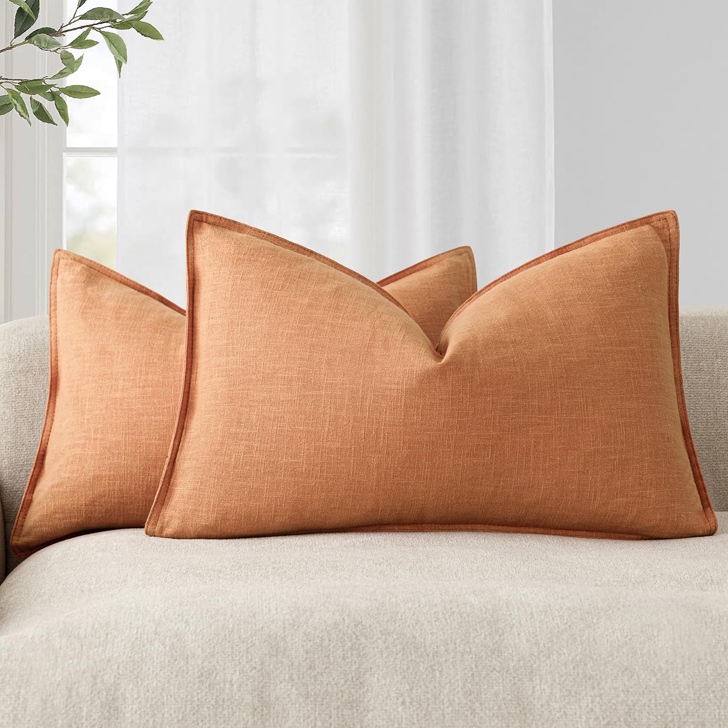 Foindtower Set of 2, Decorative Linen Soild Throw Pillow Covers Soft Accent Cushion Euro Case Boho Farmhouse Pillowcase for Chair Couch Sofa Bedroom Living Room Home Decor 20 x 20 Inch Natural Linen