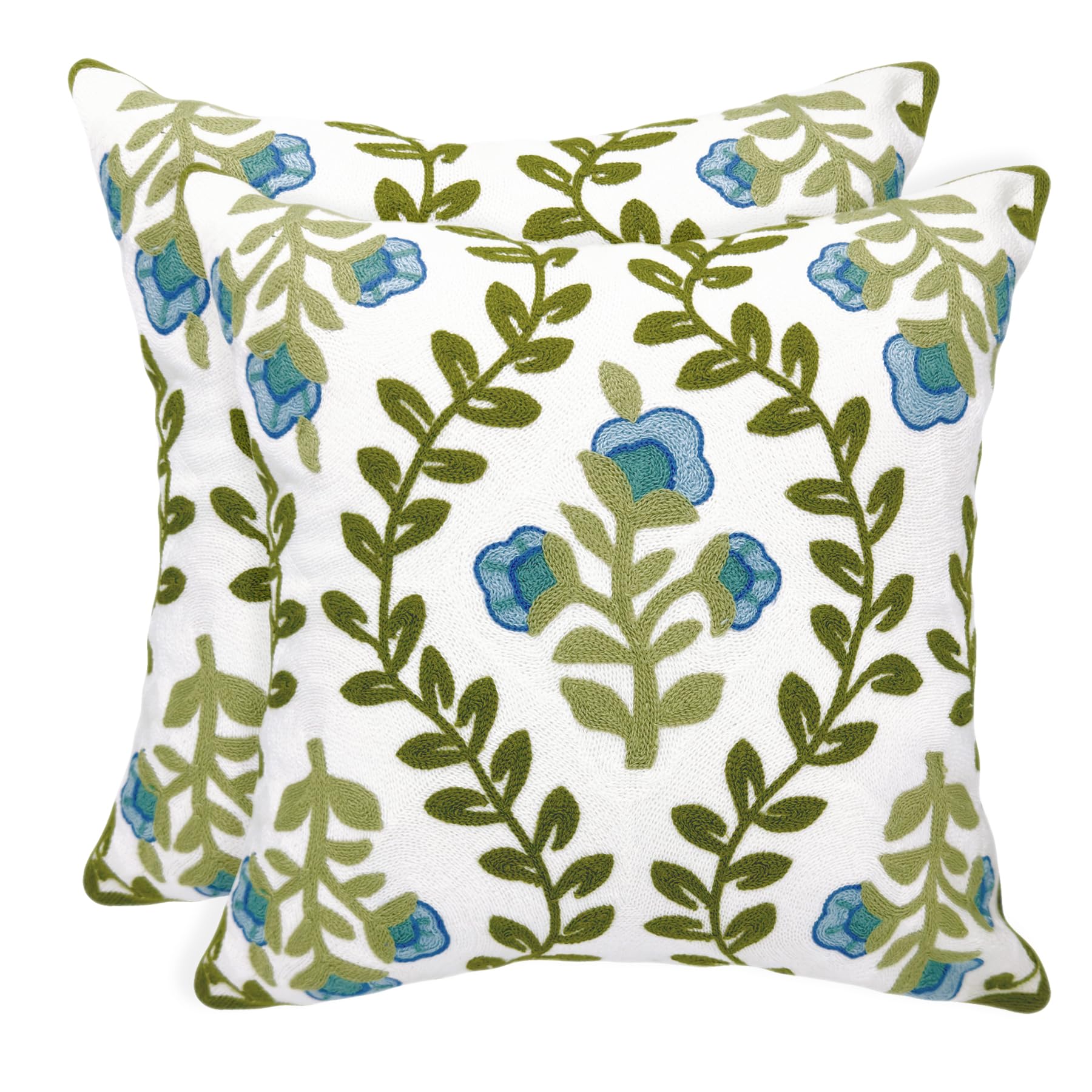 Alysheer Summer Floral Embroidered Decorative Throw Pillow Cover 12"x 20", Farmhouse Blue Flowers Green Leaves Patterned Cotton Canvas Lumbar Cushion Case for Sofa Couch Living Room Cottage Decor