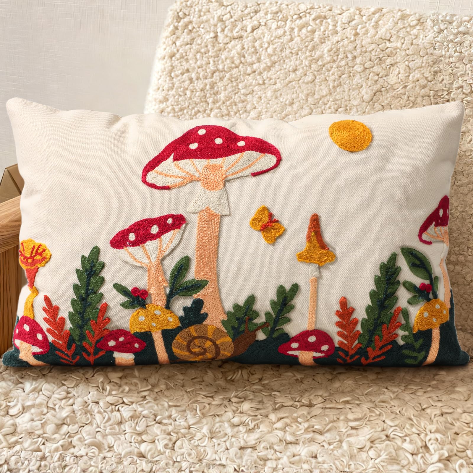 Embroidered Throw Pillow Cover 18x18 Inch - Spring Summer Boho Decorative Pillow Cover with Zipper for Living Room Couch Sofa Bed Aesthetic Design Flower Cluster Cushion Pillowcase