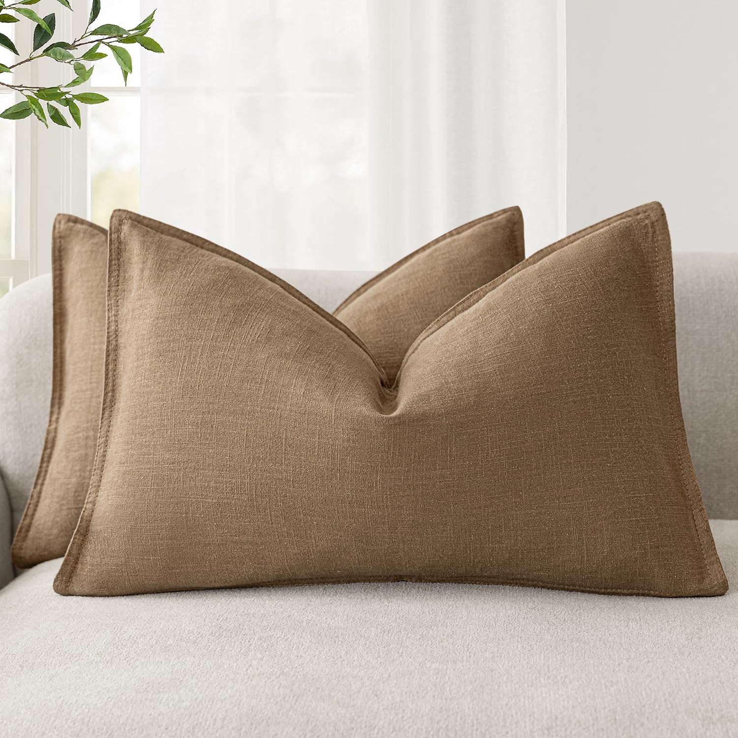 Foindtower Set of 2, Decorative Linen Soild Throw Pillow Covers Soft Accent Cushion Euro Case Boho Farmhouse Pillowcase for Chair Couch Sofa Bedroom Living Room Home Decor 20 x 20 Inch Natural Linen