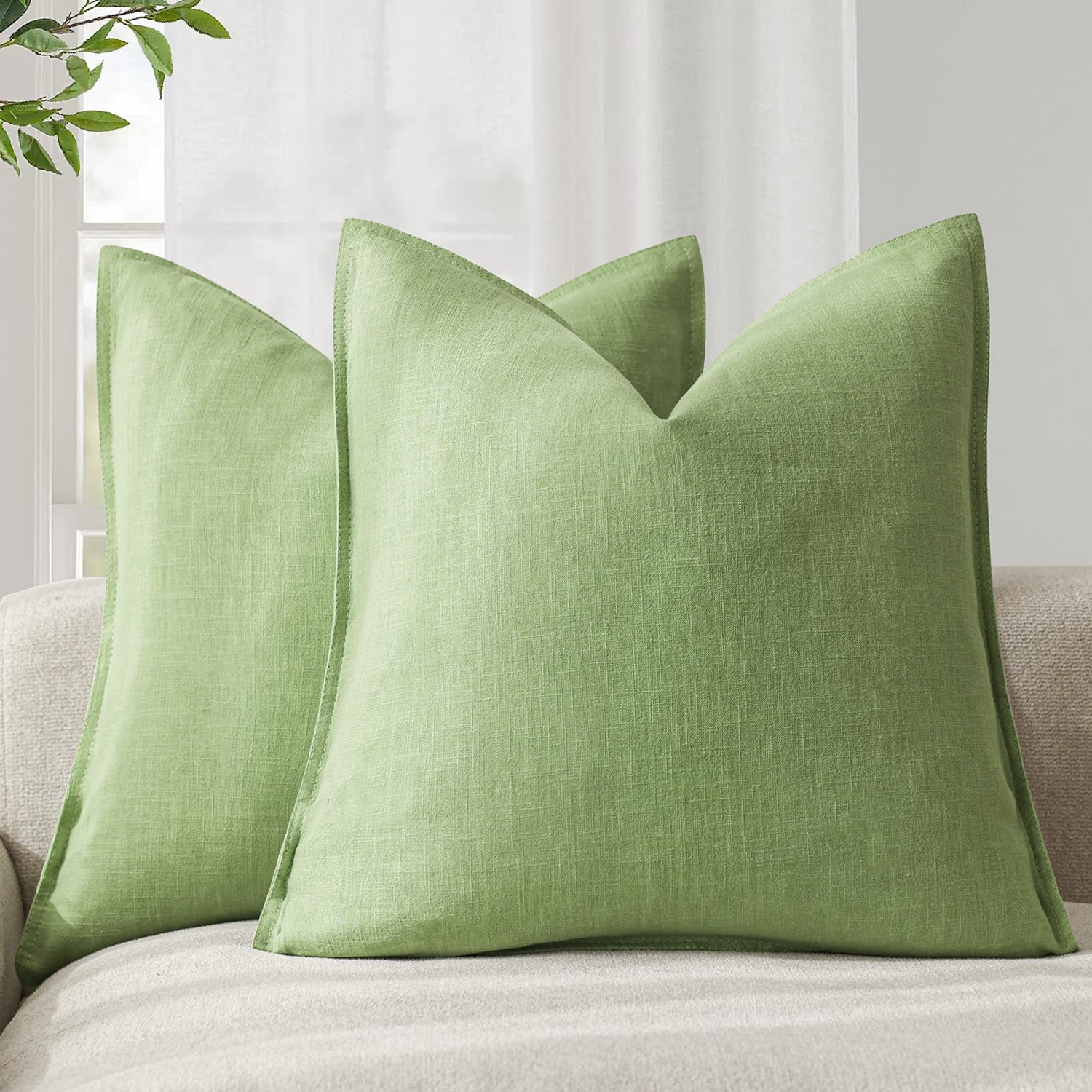 Foindtower Set of 2, Decorative Linen Soild Throw Pillow Covers Soft Accent Cushion Euro Case Boho Farmhouse Pillowcase for Chair Couch Sofa Bedroom Living Room Home Decor 20 x 20 Inch Natural Linen