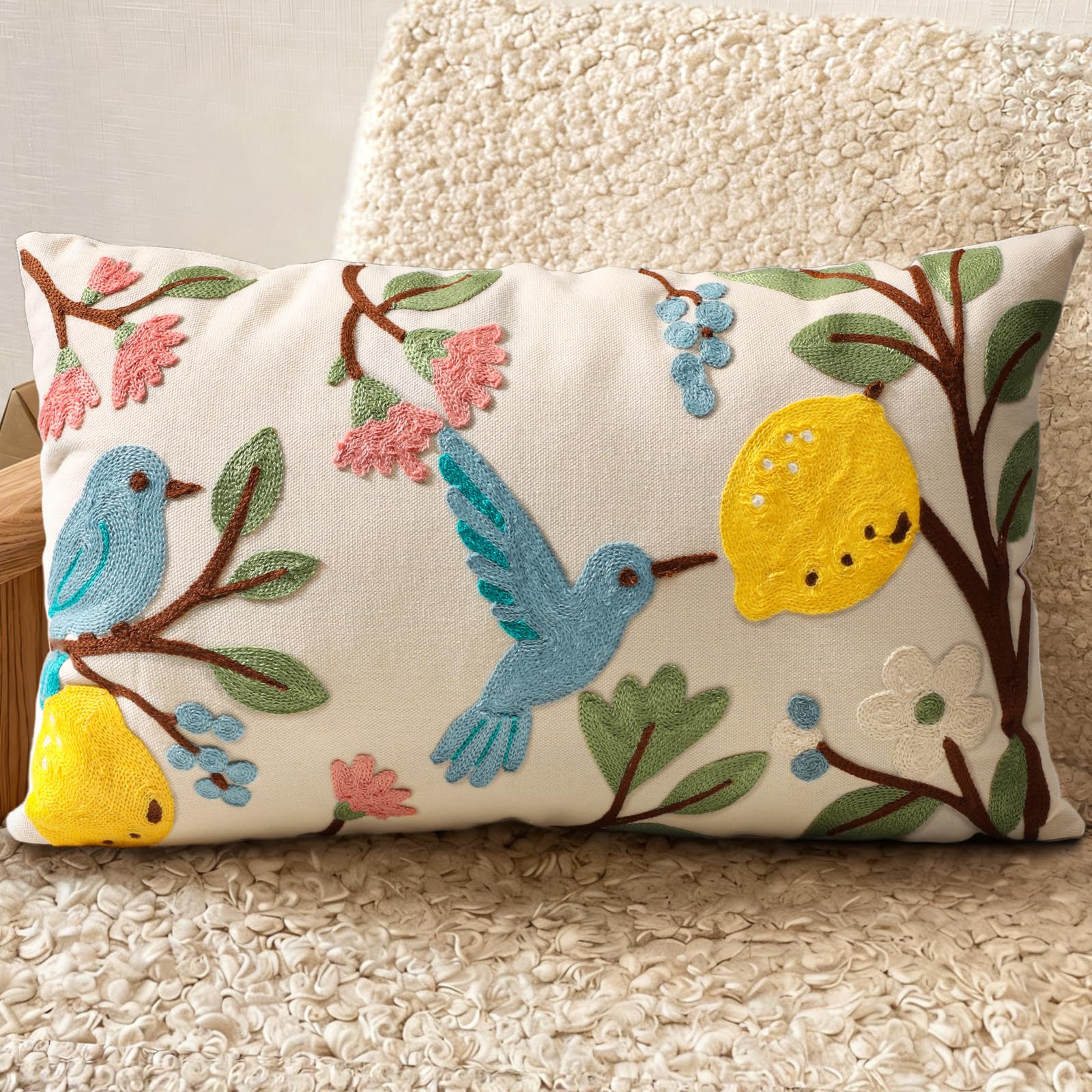 Embroidered Throw Pillow Cover 18x18 Inch - Spring Summer Boho Decorative Pillow Cover with Zipper for Living Room Couch Sofa Bed Aesthetic Design Flower Cluster Cushion Pillowcase
