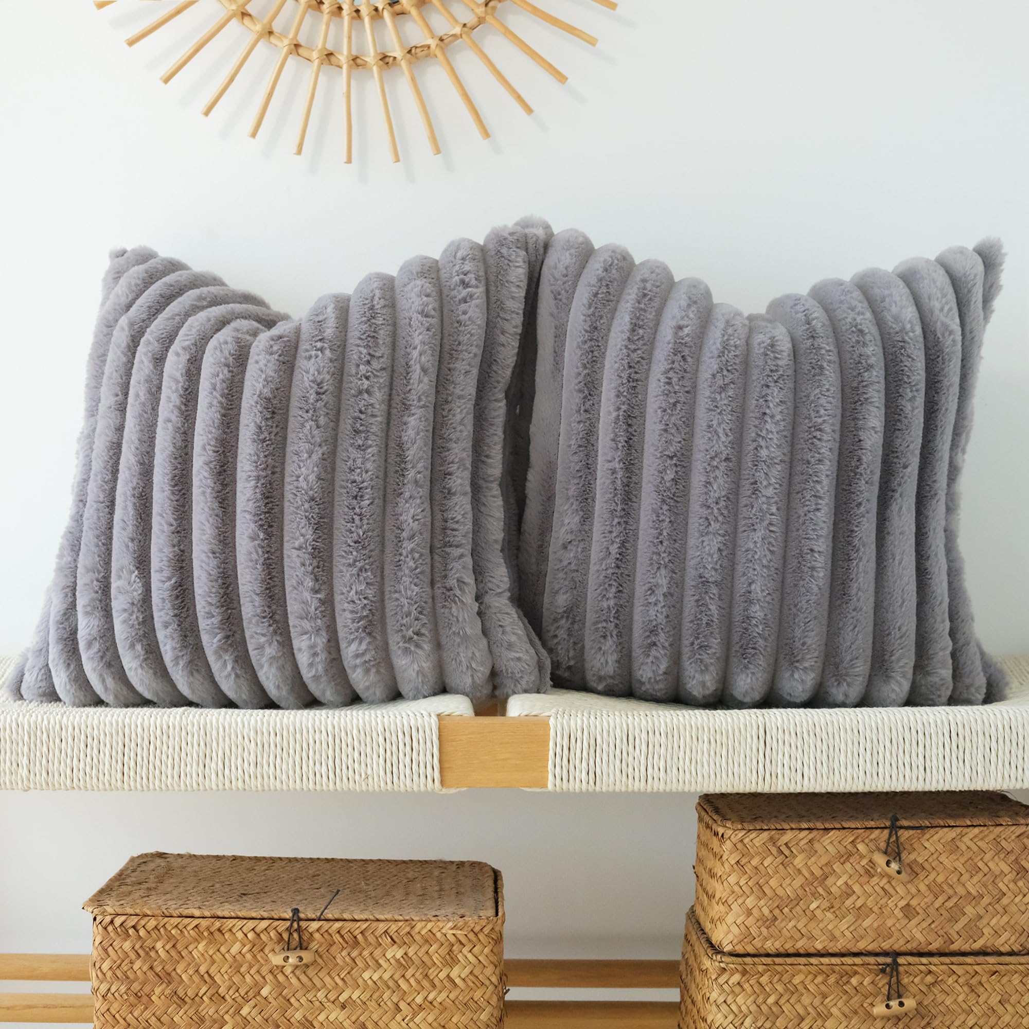 JOJUSIS Pack of 2 Faux Fur Plush Decorative Throw Pillow Covers Couch Cushion Case Soft Pillowcases (Beige, 18 x 18 Inch)