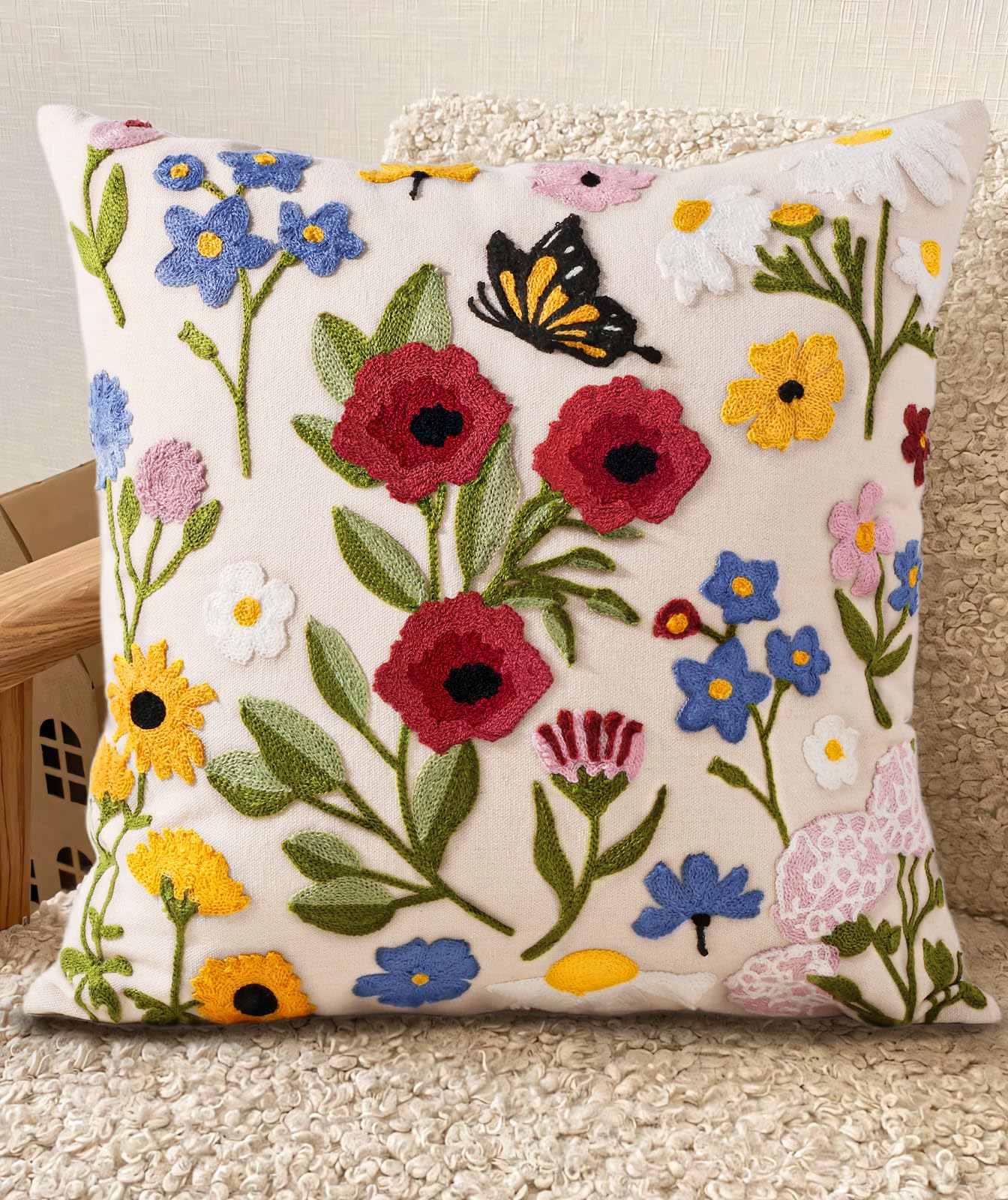 Embroidered Throw Pillow Cover 18x18 Inch - Spring Summer Boho Decorative Pillow Cover with Zipper for Living Room Couch Sofa Bed Aesthetic Design Flower Cluster Cushion Pillowcase