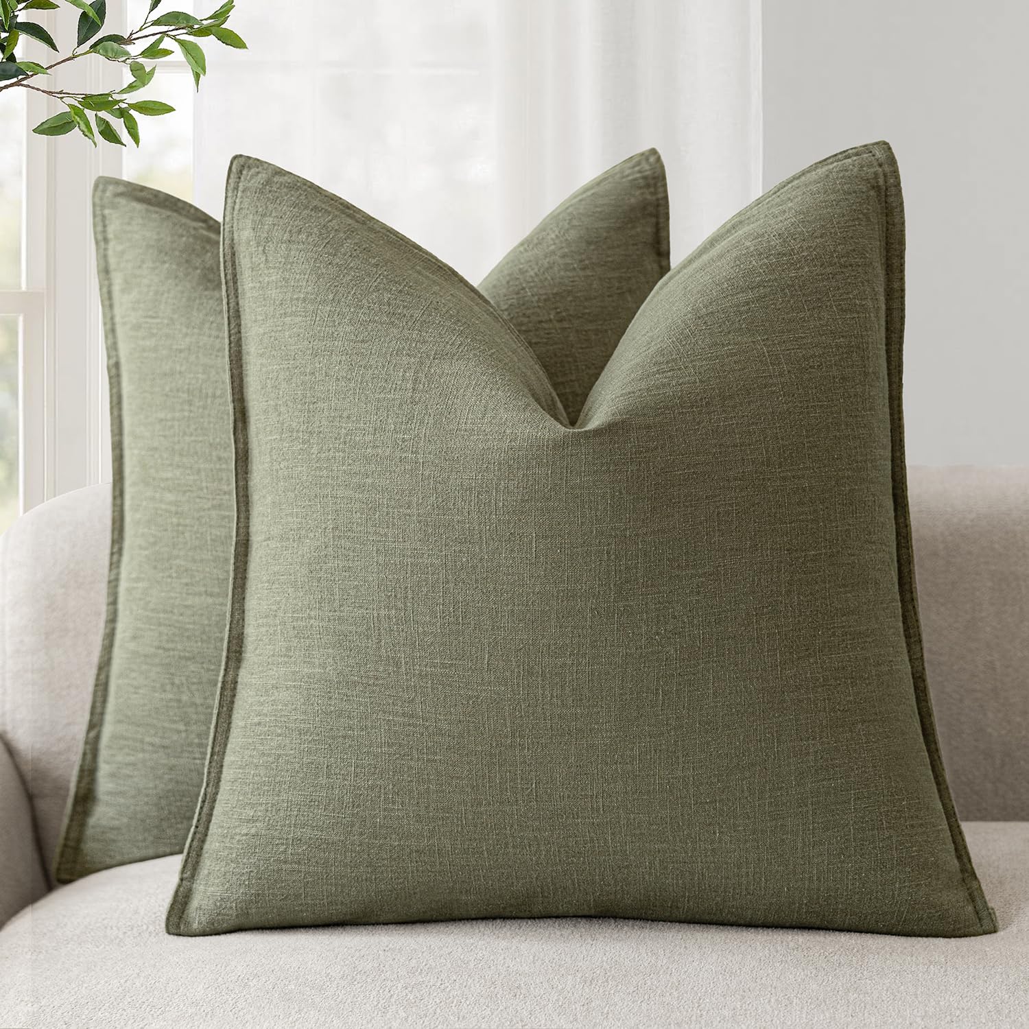 Foindtower Set of 2, Decorative Linen Soild Throw Pillow Covers Soft Accent Cushion Euro Case Boho Farmhouse Pillowcase for Chair Couch Sofa Bedroom Living Room Home Decor 20 x 20 Inch Natural Linen
