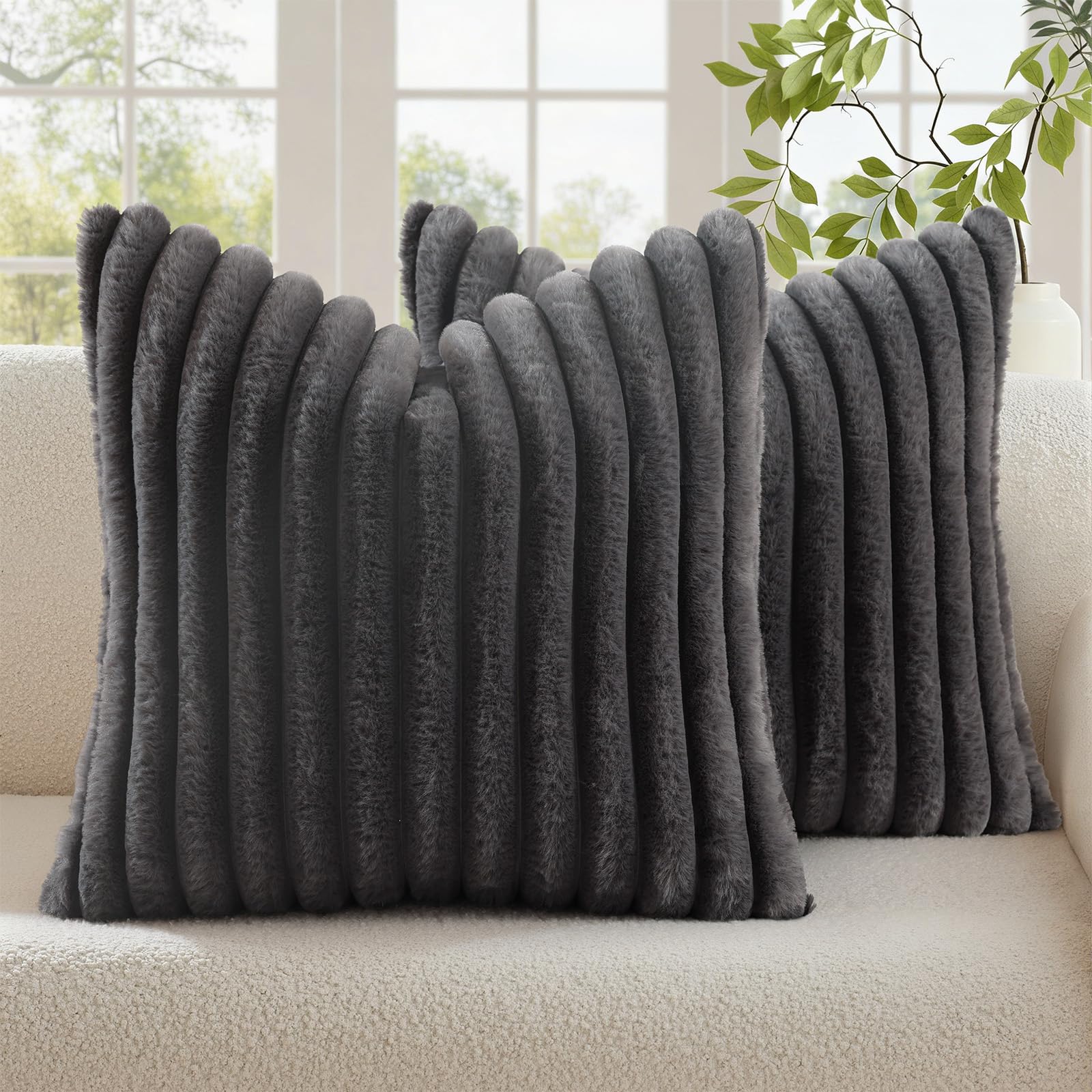 decorUhome Summer Cozy Faux Fur Throw Pillow Covers 18x18 Set of 2 Decorative Soft Plush Striped Modern Farmhouse Boho Couch Pillow Cases with Velvet Back for Sofa Bed Living Room, Cream White