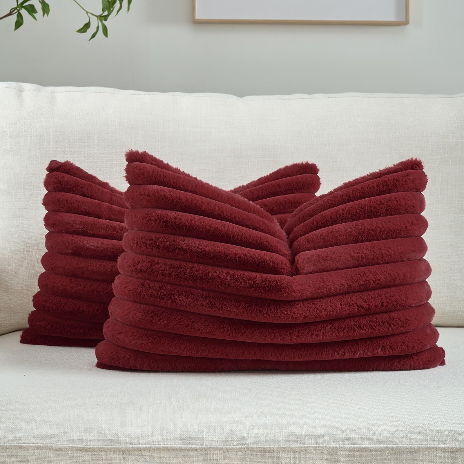 FUTEI Pack of 2 Solid Faux Fur Plush Throw Pillow Covers 18x18 Inch Soft Fluffy Striped Decorative Cushion Cases Modern Farmhouse Accent for Couch Bed Living Room, Cream White