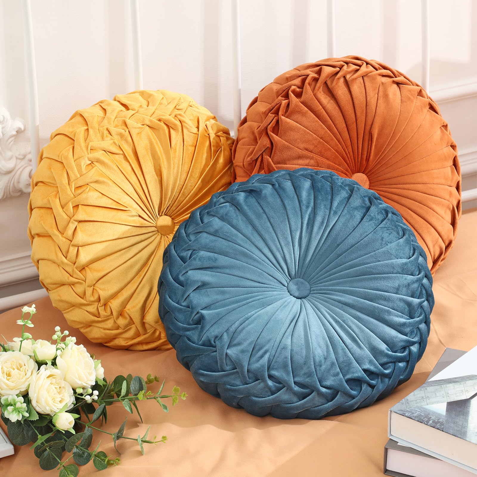 Drydiet 1 Pcs Round Throw Velvet Pillows Decorative Pleated Throw Pillows 15'' Diameter Accent Pumpkin Boho Chair Cushion for Couch Sofa Home Decoration (Olive Green)