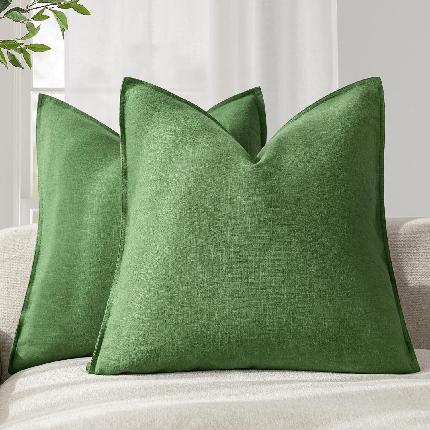 Foindtower Set of 2, Decorative Linen Soild Throw Pillow Covers Soft Accent Cushion Euro Case Boho Farmhouse Pillowcase for Chair Couch Sofa Bedroom Living Room Home Decor 20 x 20 Inch Natural Linen