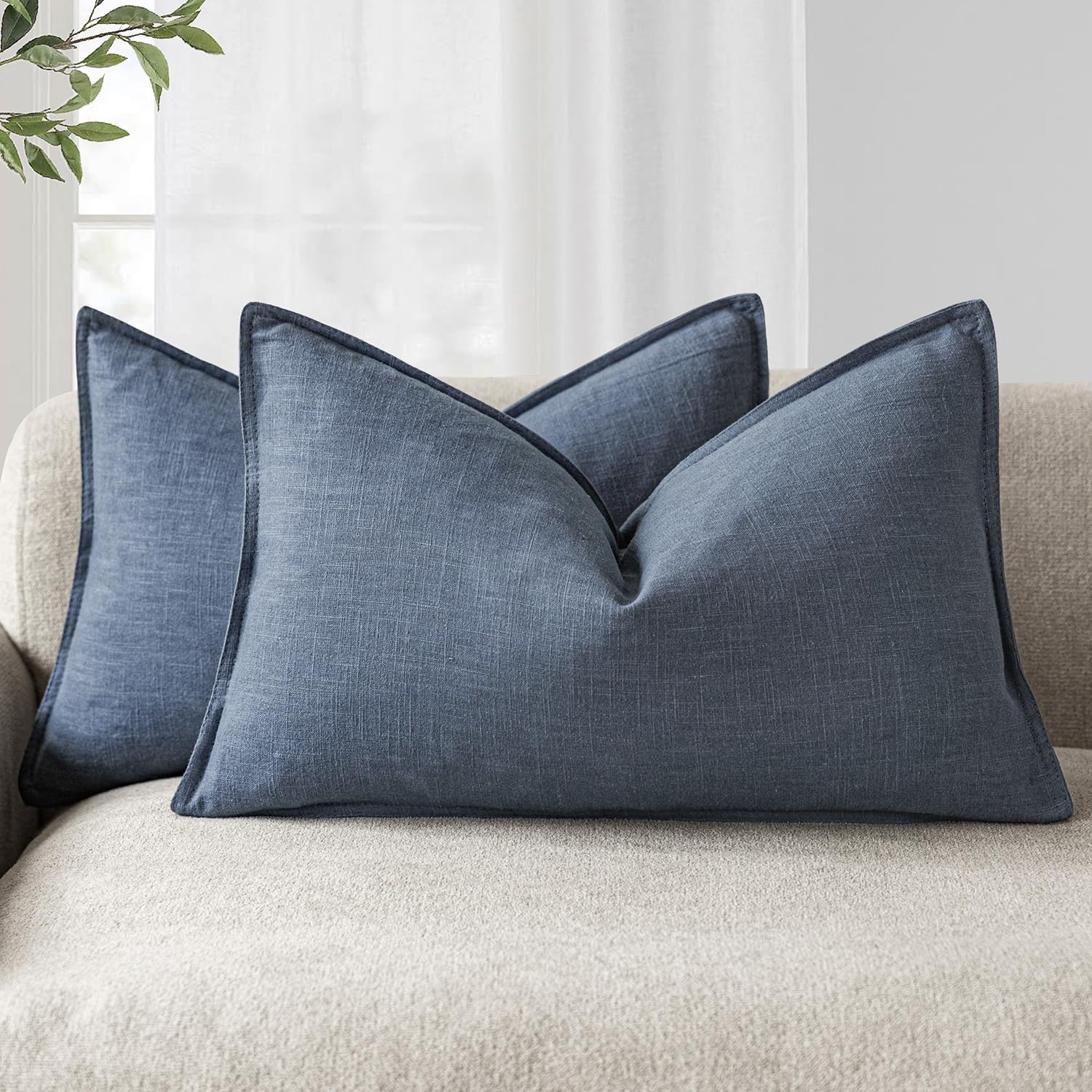 Foindtower Set of 2, Decorative Linen Soild Throw Pillow Covers Soft Accent Cushion Euro Case Boho Farmhouse Pillowcase for Chair Couch Sofa Bedroom Living Room Home Decor 20 x 20 Inch Natural Linen