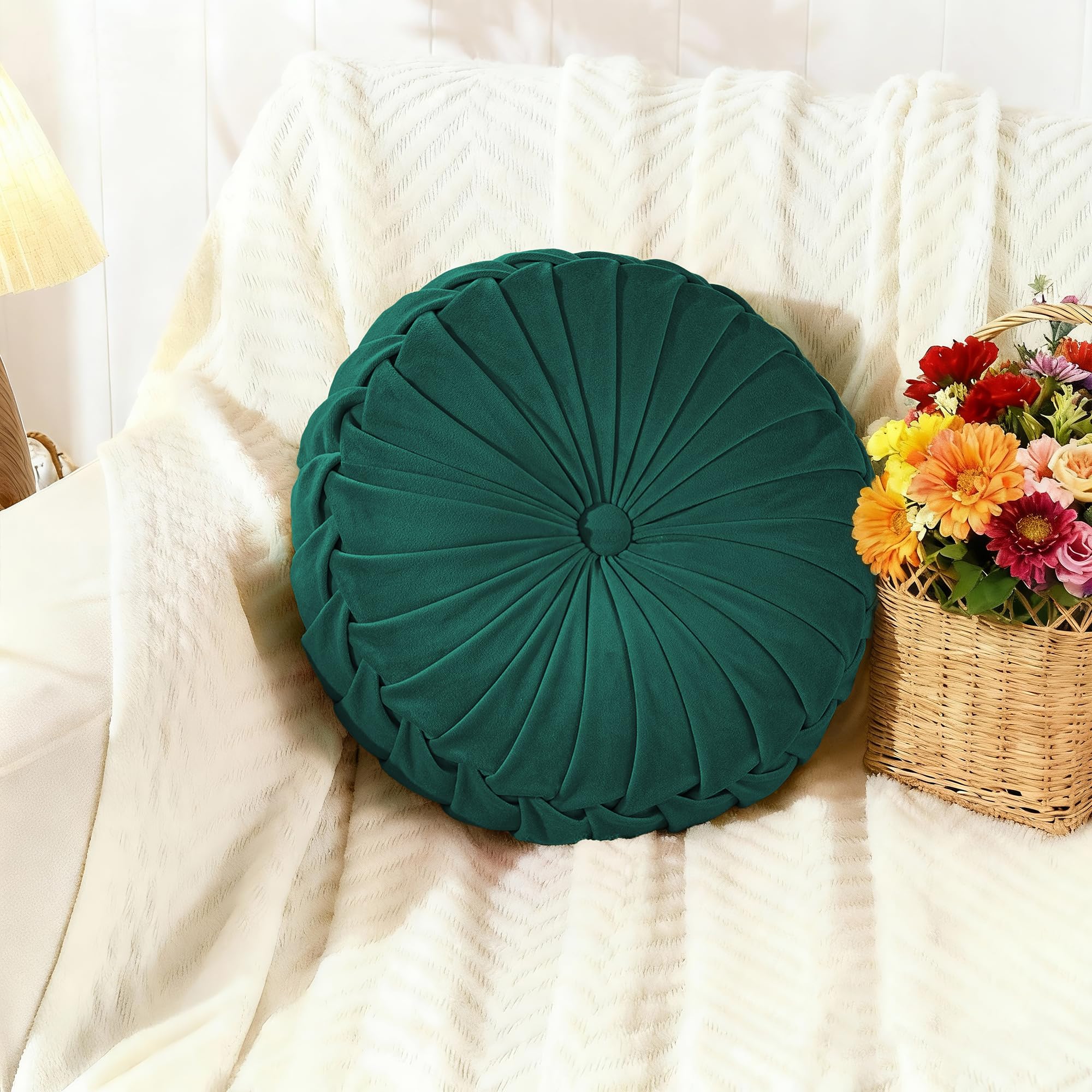 ROSE&RISY Round Pleated Velvet Throw Pillow, 1 Pack Decorative Accent Pumpkin Pillow Cushion for Couch Sofa Chair Bed Car Home Decor (14.5 Inch, Cream)