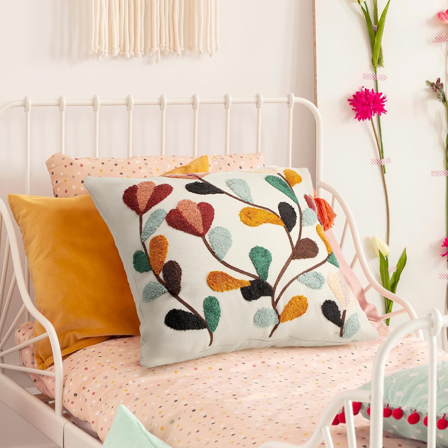 FuWeave 2 Pcs Boho Floral Embroidered Decorative Throw Pillow Covers with Zipper 18 x 18 Inch Colorful Boho Embroidered Pillow Covers Aesthetic Decor for Couch Sofa Housewarming Gifts