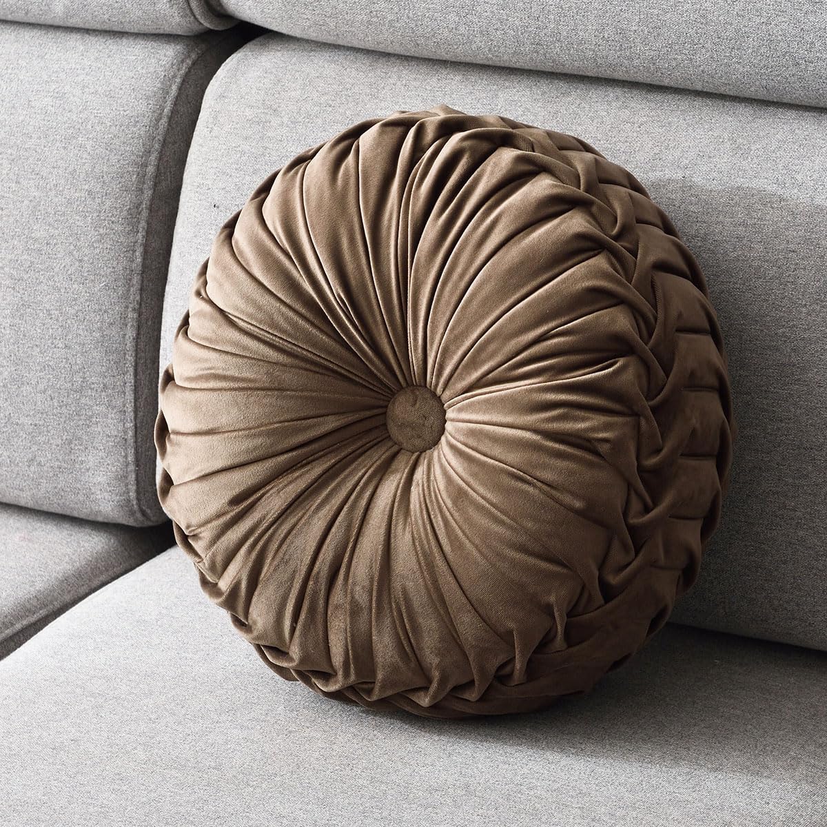 Round Throw Pillow Velvet 1 Pcs 14.17" Home Decoration Pleated 3D Pumpkin Pillow Cushion for Couch Chair Bed Car (Caramel Color)