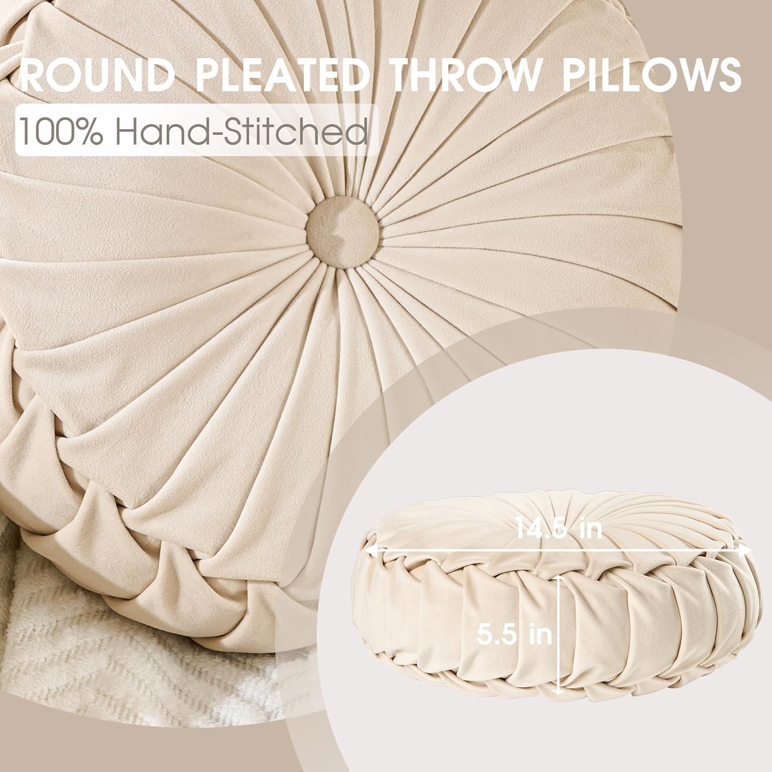 ROSE&RISY Round Pleated Velvet Throw Pillow, 1 Pack Decorative Accent Pumpkin Pillow Cushion for Couch Sofa Chair Bed Car Home Decor (14.5 Inch, Cream)