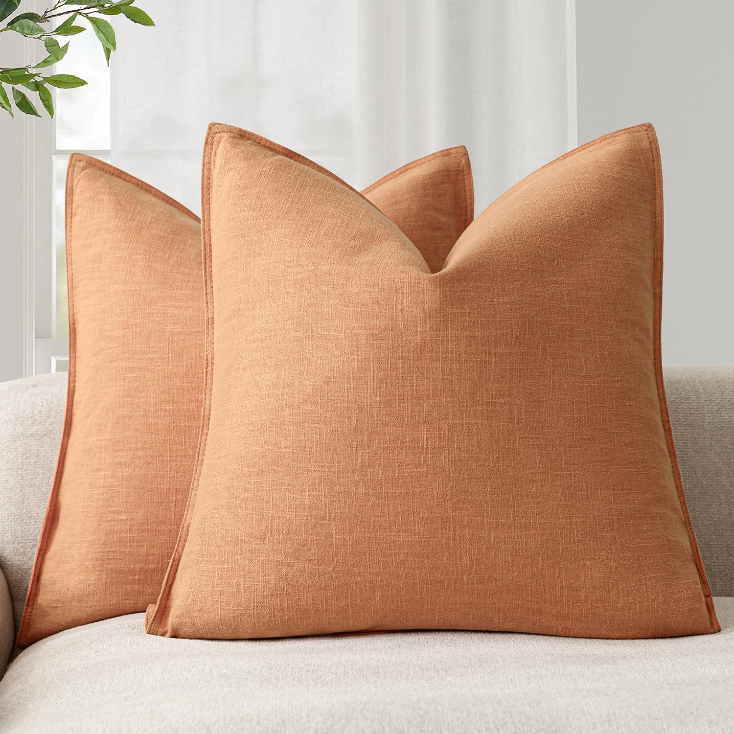 Foindtower Set of 2, Decorative Linen Soild Throw Pillow Covers Soft Accent Cushion Euro Case Boho Farmhouse Pillowcase for Chair Couch Sofa Bedroom Living Room Home Decor 20 x 20 Inch Natural Linen