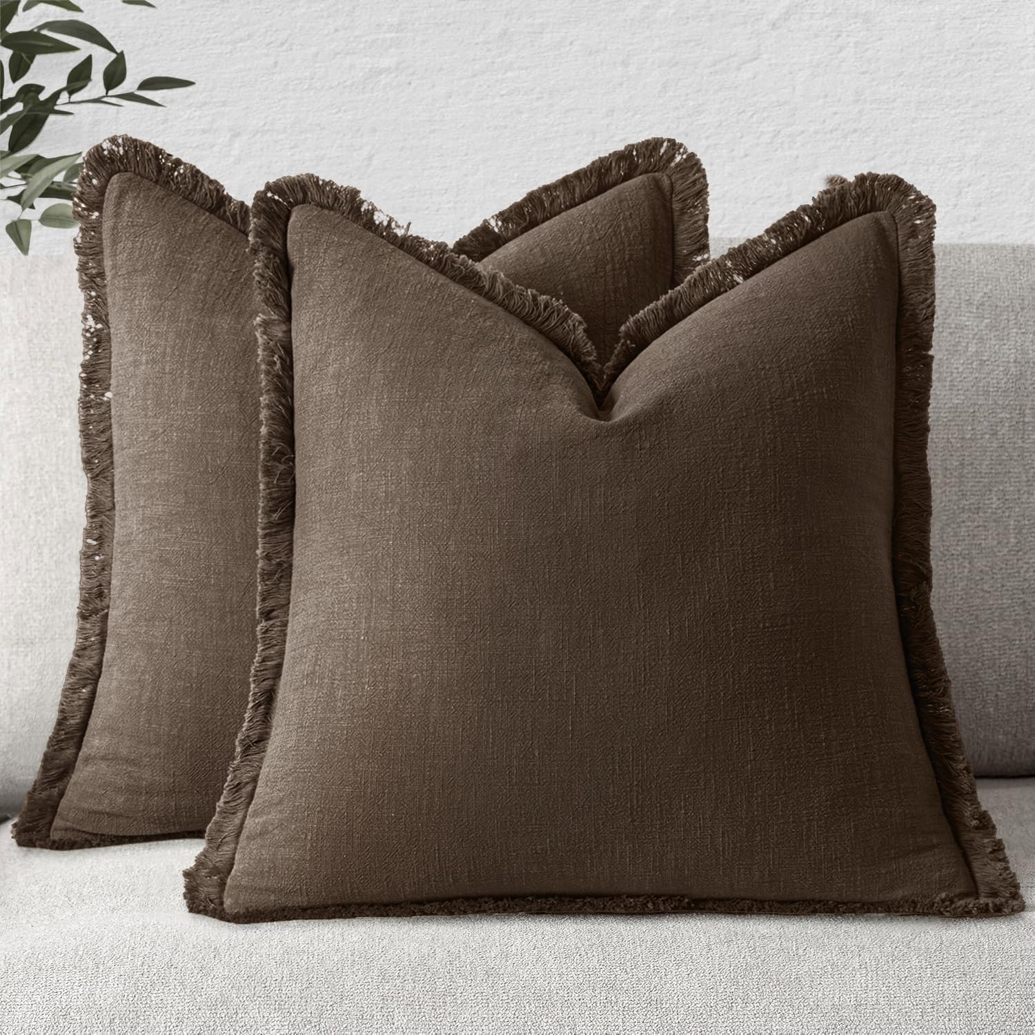 MIULEE Decorative Throw Pillow Covers Neutral Linen Fringe Throw Pillows Set of 2 Natural Beige Boho Farmhouse Cushion Covers with Tassels for Couch Sofa Bed Spring Home Decor 20x20 Inch