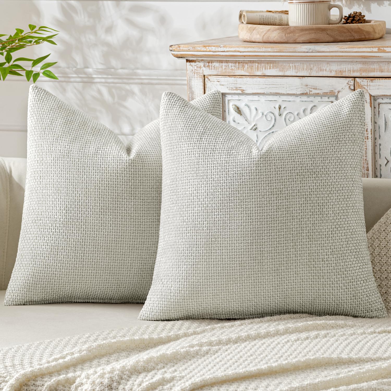 MIULEE Pack of 2 Couch Throw Pillow Covers 18x18 Inch Neutral Beige Modern Boho Accent Decorative Pillow Covers Soft Chenille Farmhouse Cushion Covers for Home Decor Bed Sofa Living Room